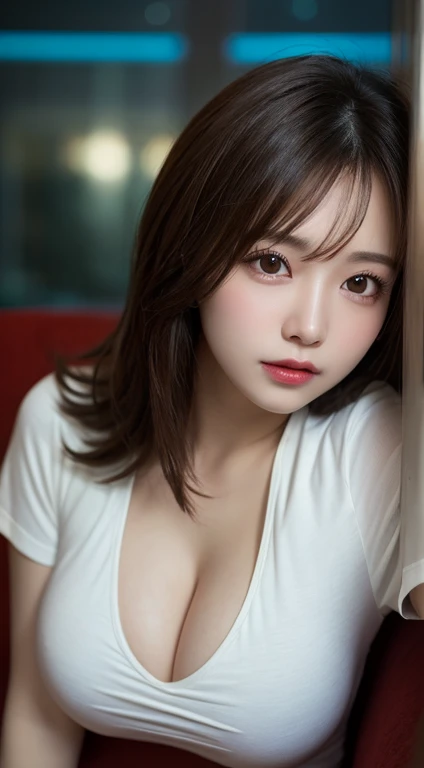 Tabletop, Highest quality, shape, Very detailed, In detail, High resolution, 8k wallpaper, Perfect dynamic composition, Beautiful details, Natural Lip, T-Shirts , Big Tits, Cleavage, Sexy pose, whole body,Lying on the sofa at night