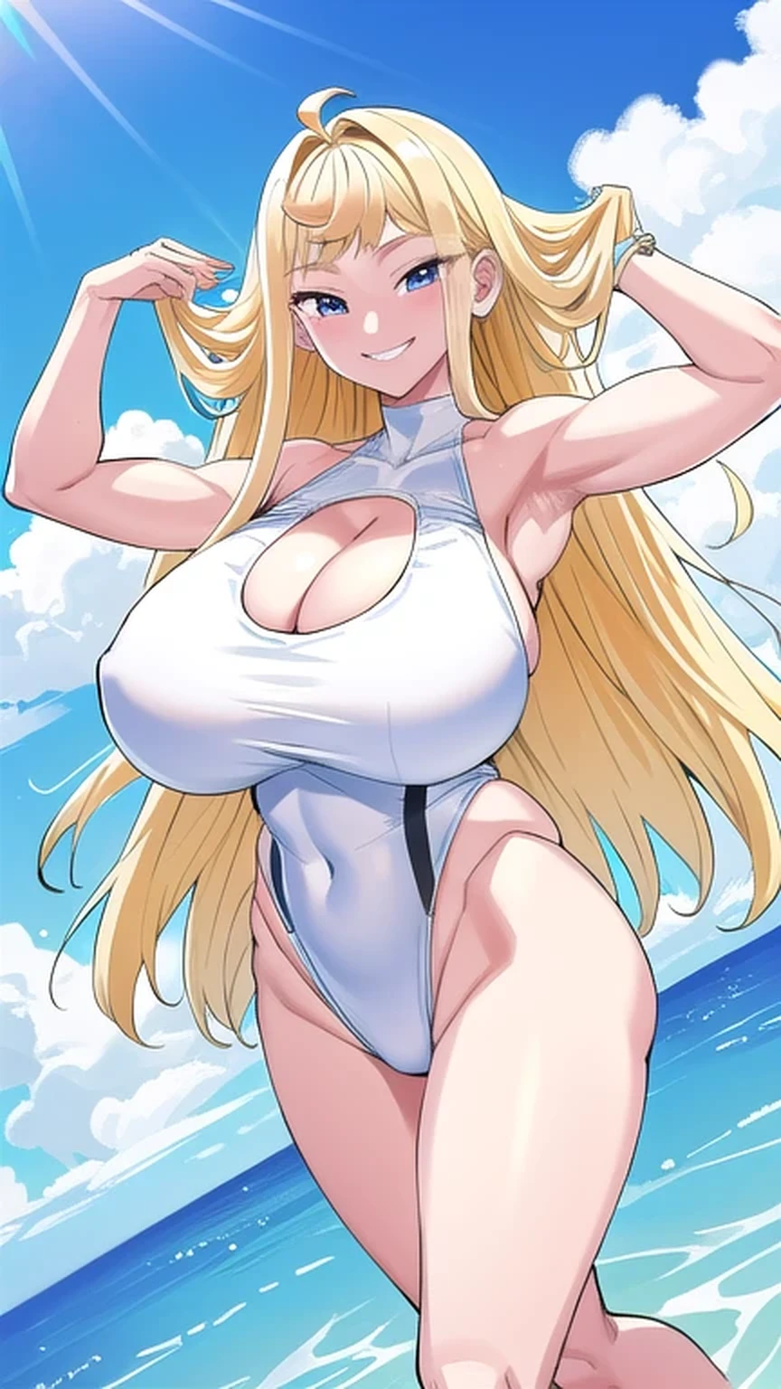 muscular, muscular female,white one-piece swimsuit,cleavage cutout biceps,swimsuit v,gigantic breasts,full body,sea background,smile shy,cute,underboobs,