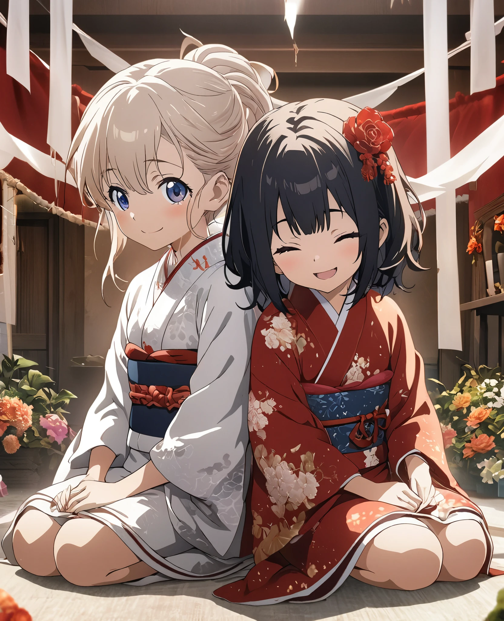 2 Girls, masterpiece, Highest quality, Highly detailed CG Unity 8K wallpapers, High School Girl Anime Illustration. Wearing a red and white kimono, Sit up straight, lean your upper body forward, and bow, They both bow in gratitude., seiza, The background is a red and white banner, Close your eyes and open your mouth, Smile in full bloom