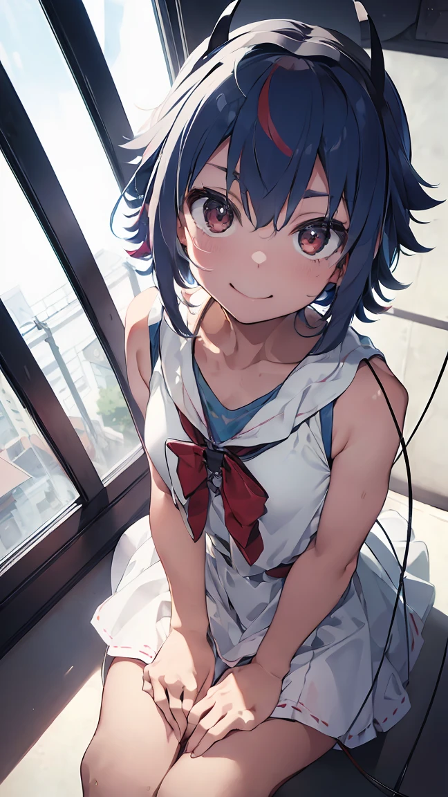 masterpiece, Highest quality, High resolution, Very detailed,(((Mikoto Naruka))), (((white ground)))、(((electric wire)))、(((smile)))、(((Sitting far away))), Wearing a white dress。, Electric pole, blue sky, Looking down on me from above。