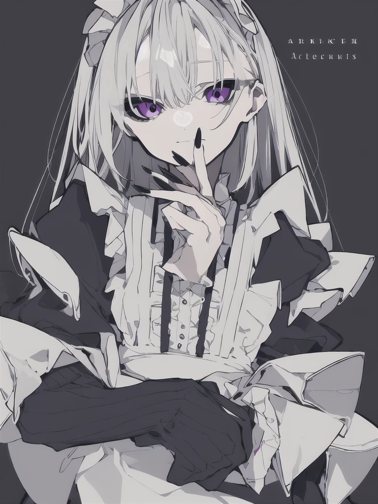 masterpiece, best quality, 1girl, solo, long_hair, looking_at_viewer, bangs, simple_background, long_sleeves, dress, hair_between_eyes, jewelry, closed_mouth, monochrome, upper_body, white_hair, frills, puffy_sleeves, fingernails, maid, maid_headdress, ring, black_nails, purple_background, 