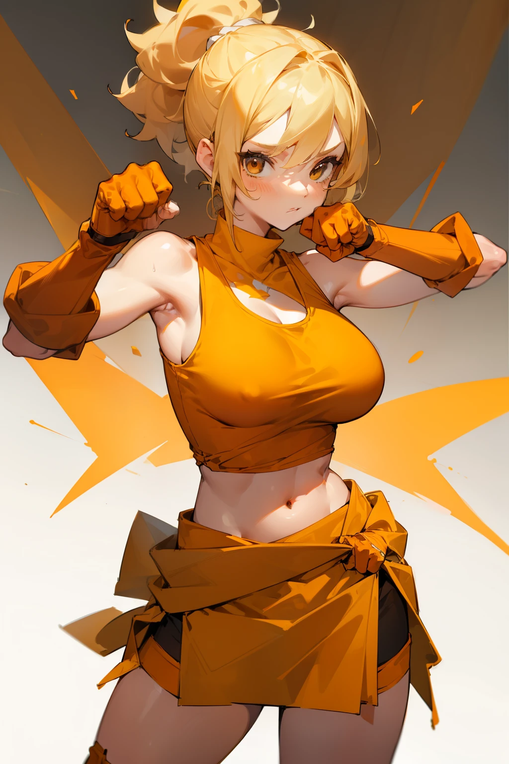 Cute girl, blonde hair, curly ponytail, brown eyes, orange tank top with white edges, yellow cloth wrapped around her waist, short orange skirt, white wrap wrapped around her hand, red gloves, fighting pose, , warrior