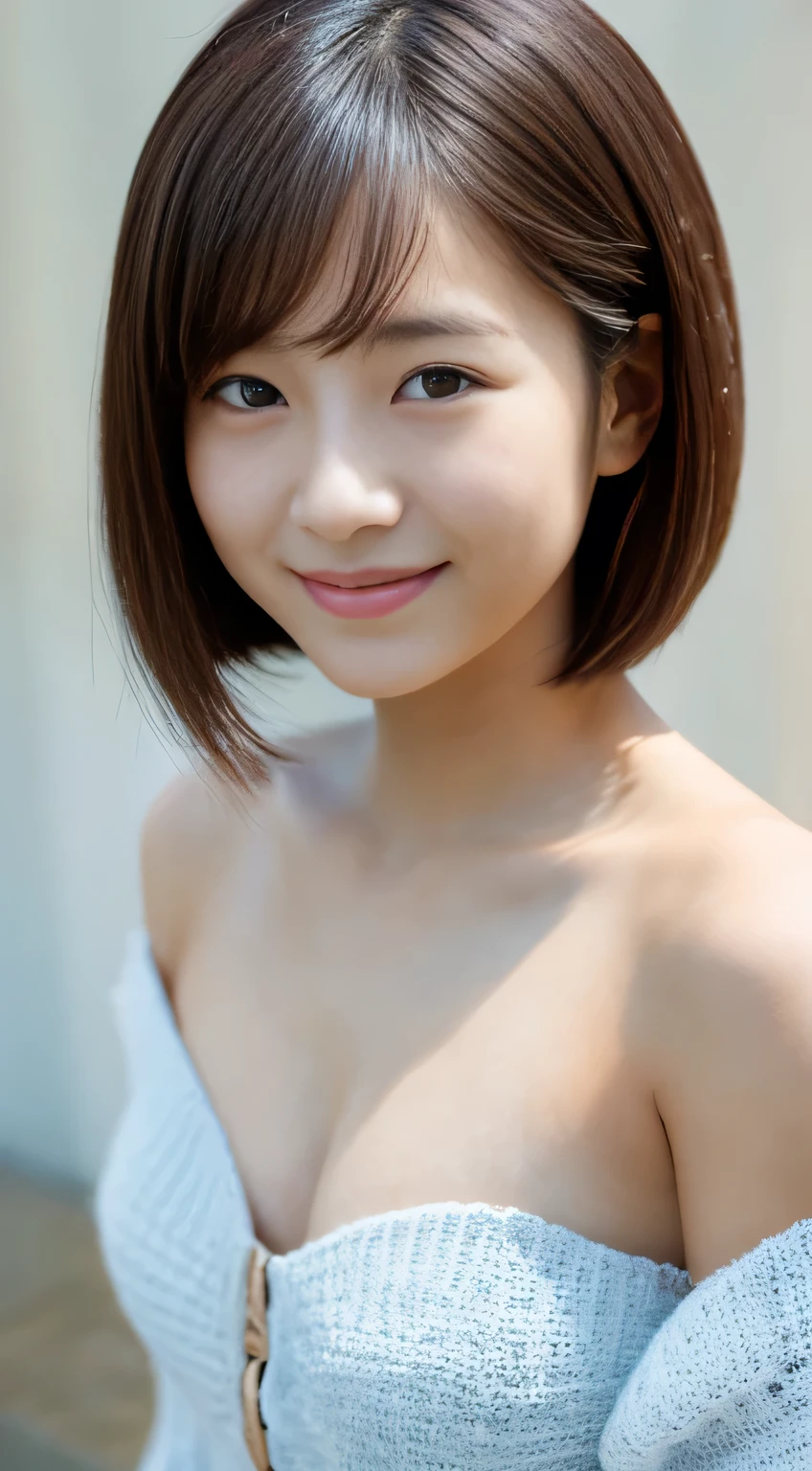 masterpiece,best quality,(Japanese girl),((Beautiful girl)),cleavage,(off shoulder:1.2),(perfect body beauty:1.2),(shy smile),from above