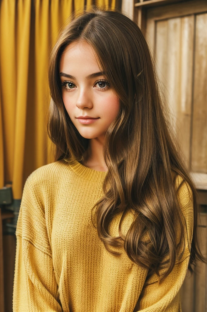 a girl holding a camera up to their face, taking a picture. The person has long hair and is wearing a light-colored, long-sleeve sweater. The background is a warm yellow color, giving the photo a cozy, nostalgic feel. The overall effect is reminiscent of vintage photography, with a slightly grainy texture that adds to the retro aesthetic.