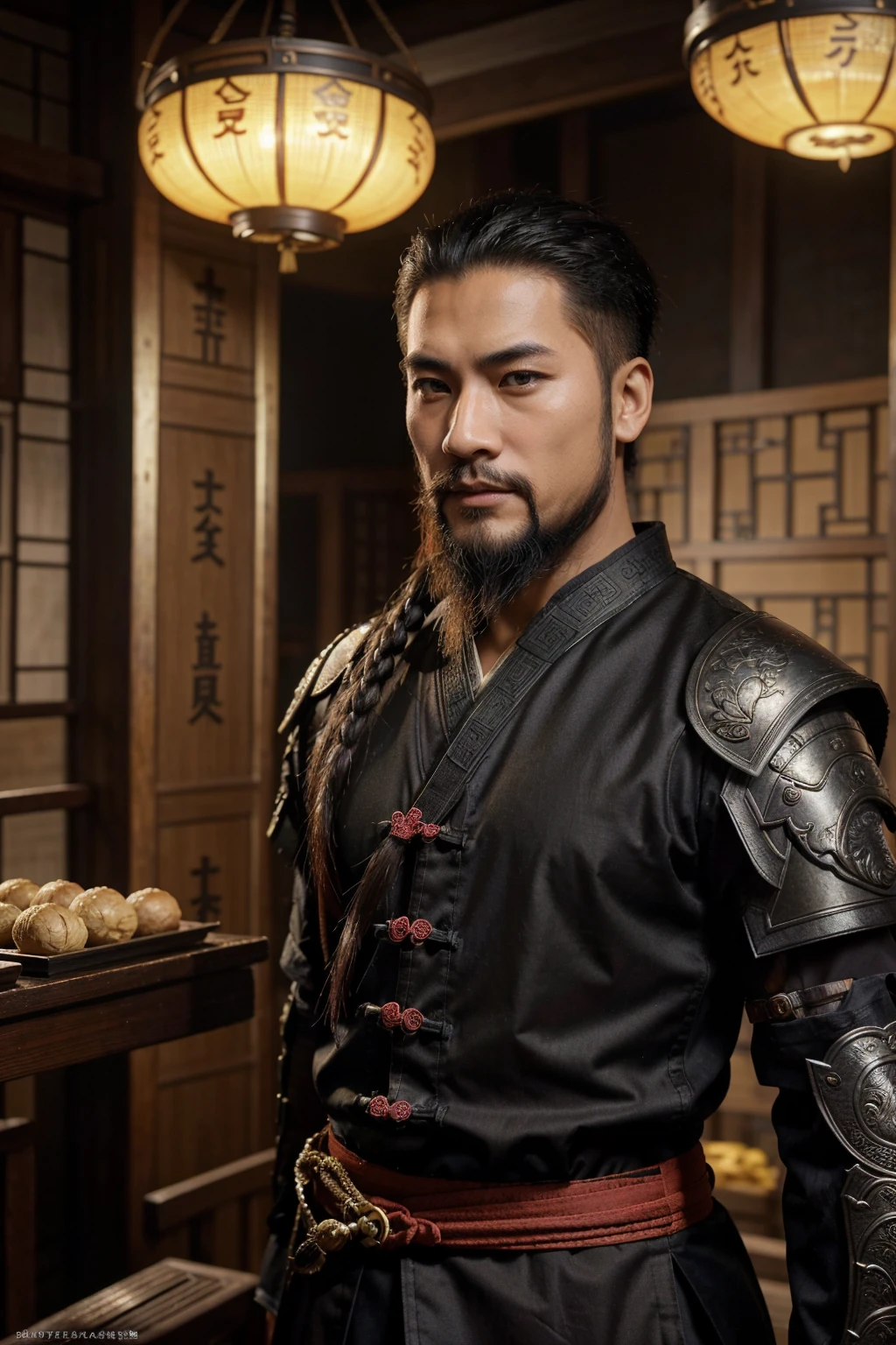 oriental-like、a adult man wearing ancient Chinese armor、Yuanyou Guan (Yuanyouguan), ancient chinese hairstyle, three kingdoms、top-quality、masterpiece、超A high resolution、(Photorealsitic:1.4)、Game Posters、Black clothes、long beard, inspired by caocao from three kingdoms