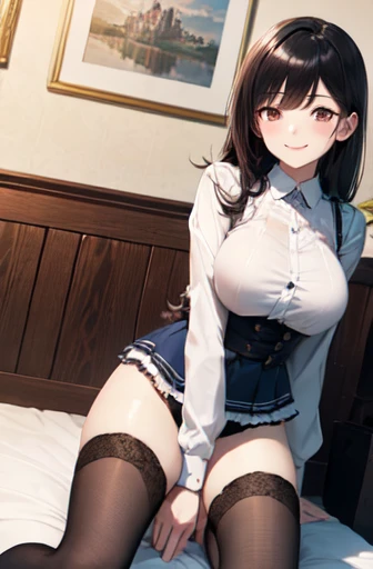 very cute and beautiful girl,(Very detailed美しい顔), (smile),blush,Black Hair,Seraphim,(White shirt、Pleated navy blue legs、Squat)、Sitting、(From below)、(black tights、Lacy white panties), Country Road, (Highest quality,masterpiece:1.0),Absurd,High resolution,Very detailedな,Very detailed,32K,8k resolution, Intricate details,Movie Scenes,Detailed Background,alone,Dynamic Angle,Large Breasts、Long Hair