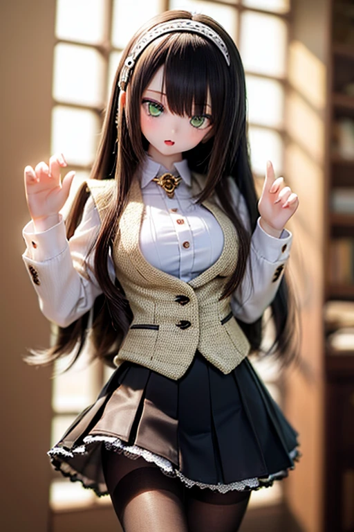 (SFW:2), photorealistic, realistic photo, 8k, ((highest quality)), ((masterpiece)), (extremely detailed), kukolnydom, doll, (mature woman, 21yo, 21 years old, looking at viewer, solo:1.6), ((cowboy shot, standing, slim, slender, skinny, medium breasts, hairband, ascot, vest, blouse, long puff sleeves, pleated skirt, black pantyhose)), (green eyes, brown hair, long hair, plastic skin, glass eyes, gradient eyes, shining eyes, detailed eyes:1.3)