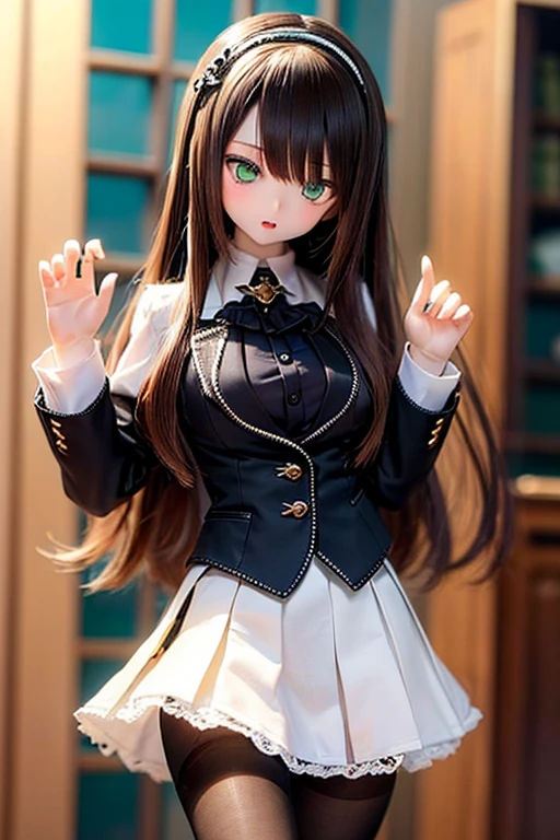 (SFW:2), photorealistic, realistic photo, 8k, ((highest quality)), ((masterpiece)), (extremely detailed), kukolnydom, doll, (mature woman, 21yo, 21 years old, looking at viewer, solo:1.6), ((cowboy shot, standing, slim, slender, skinny, medium breasts, hairband, ascot, vest, blouse, long puff sleeves, pleated skirt, black pantyhose)), (green eyes, brown hair, long hair, plastic skin, glass eyes, gradient eyes, shining eyes, detailed eyes:1.3)