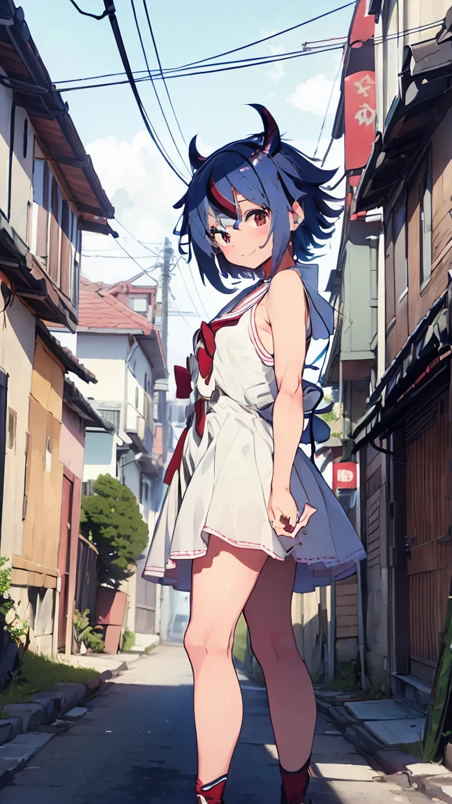 masterpiece, Highest quality, High resolution, Very detailed,(((Mikoto Naruka))), (((Alley)))、(((electric wire)))、(((smile)))、(((Standing in the distance))), Wearing a white dress。, Electric pole, evening, Turning back and looking behind。