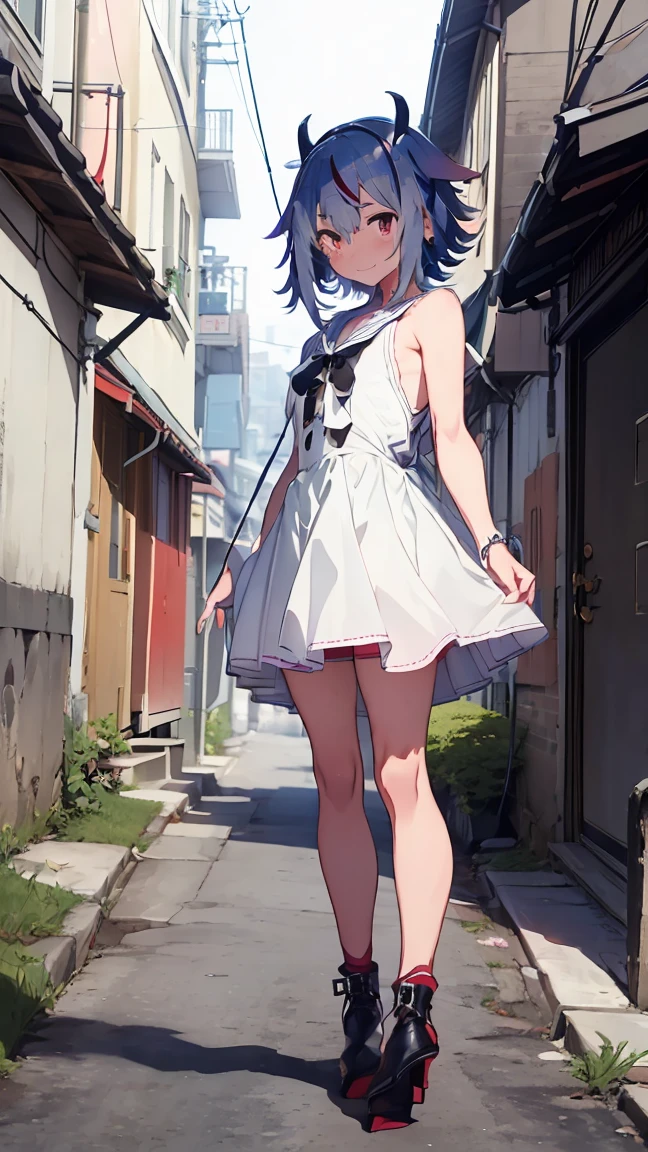 masterpiece, Highest quality, High resolution, Very detailed,(((Mikoto Naruka))), (((Alley)))、(((electric wire)))、(((smile)))、(((Standing in the distance))), Wearing a white dress。, Electric pole, evening, Turning back and looking behind。