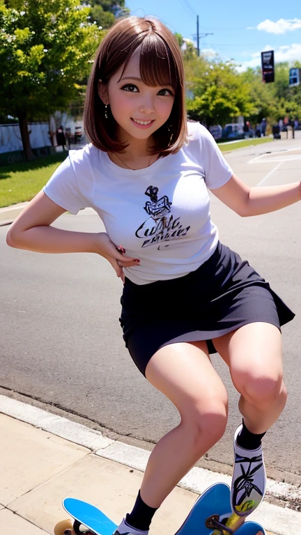(mono skateboard)One girl riding、T-Shirtini skirt with slit、smile、skateboard park、blue sky、Bob Hair、Brown Hair、Medium breast、masterpiece:1.3、Raw photo、Highest quality、Anatomically correct arms and legs、Anatomically correct fingers、