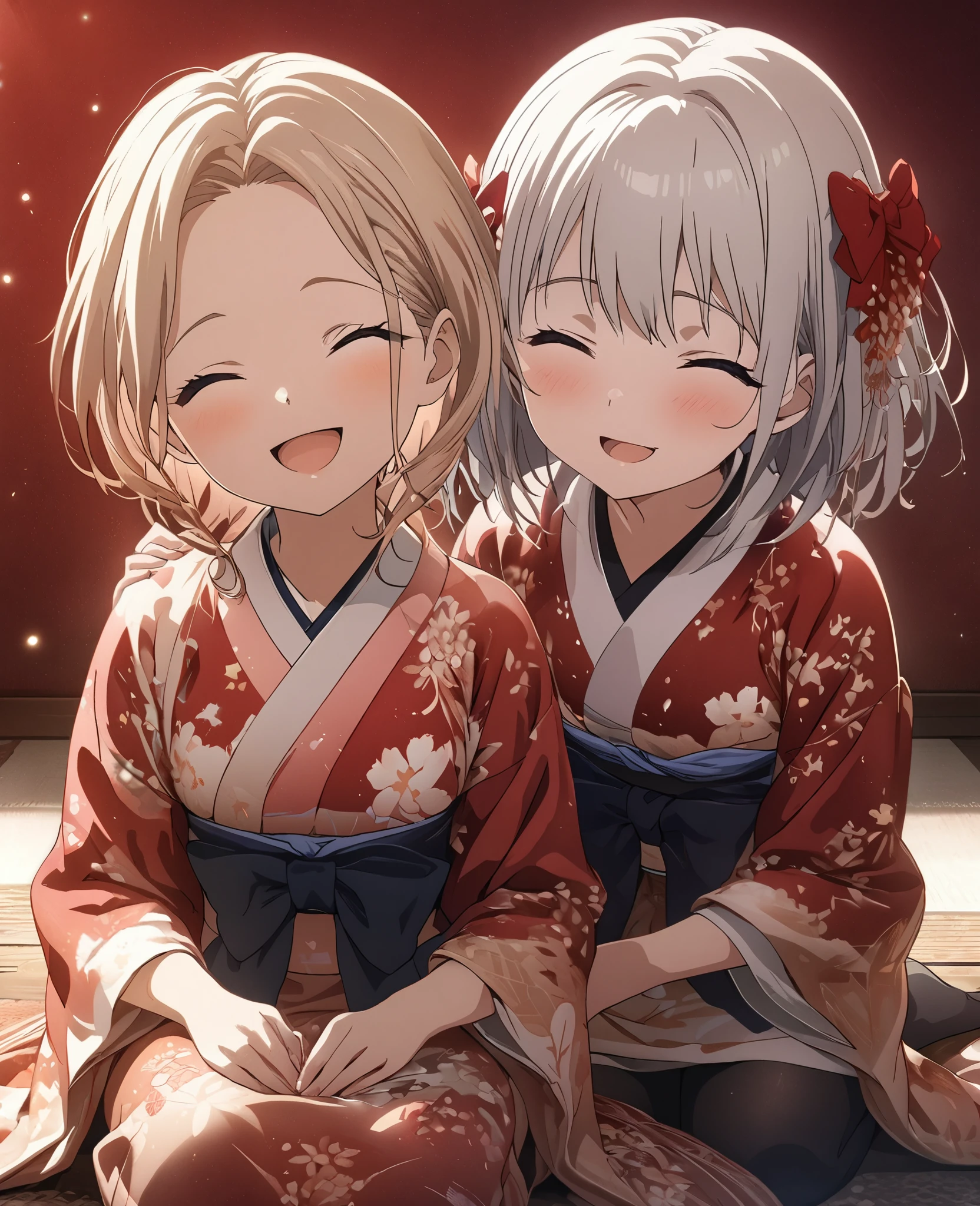 2 Girls, masterpiece, Highest quality, Highly detailed CG Unity 8K wallpapers, High School Girl Anime Illustration. Wearing a red and white kimono, Sit up straight, lean your upper body forward, and bow, They both bow in gratitude., seiza, Red background, Close your eyes and open your mouth, A big smile, Looking at this,