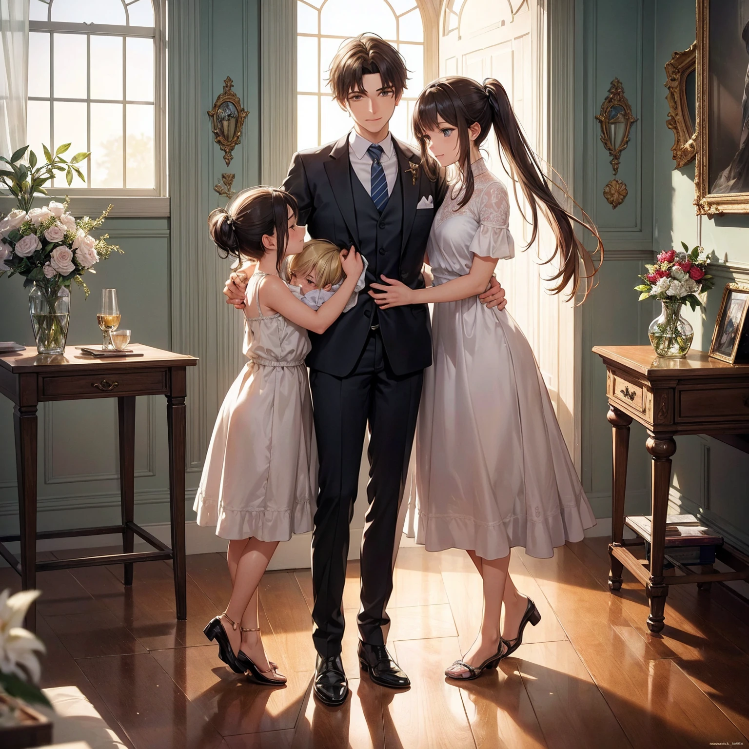 {{masterpiece, Highest quality, Highly detailed CG, unity 8k wallpaper, Cinema Lighting}}, whole body, ancient architecture, smile, Big eyes, Beautiful attention to detail, Long eyelashes,A heartwarming scene in a modern, elegant mansion in Pula, Croatia. A young father in his 30s, dressed in a business suit, has just returned home from work. He lovingly and warmly embraces his playful and innocent twin children, a boy and a girl, lifting them up in a tight hug. The children, full of joy and innocence, cling to him with bright smiles. The setting is bathed in the golden light of a clear summer evening. Sunlight streams through large windows, illuminating the spacious living room and the view of a beautifully landscaped garden and the sparkling Adriatic Sea beyond. The father, secretly imagined as Constantine I, conveys deep love and forgiveness to his children, who are subtly represented as Crispus and Fausta. There is a profound sense of reconciliation, healing, and renewed bonds, symbolized by subtle hints of ancient Roman elements in the home's decor. The scene exudes warmth, peace, and a sense of restored relationships.