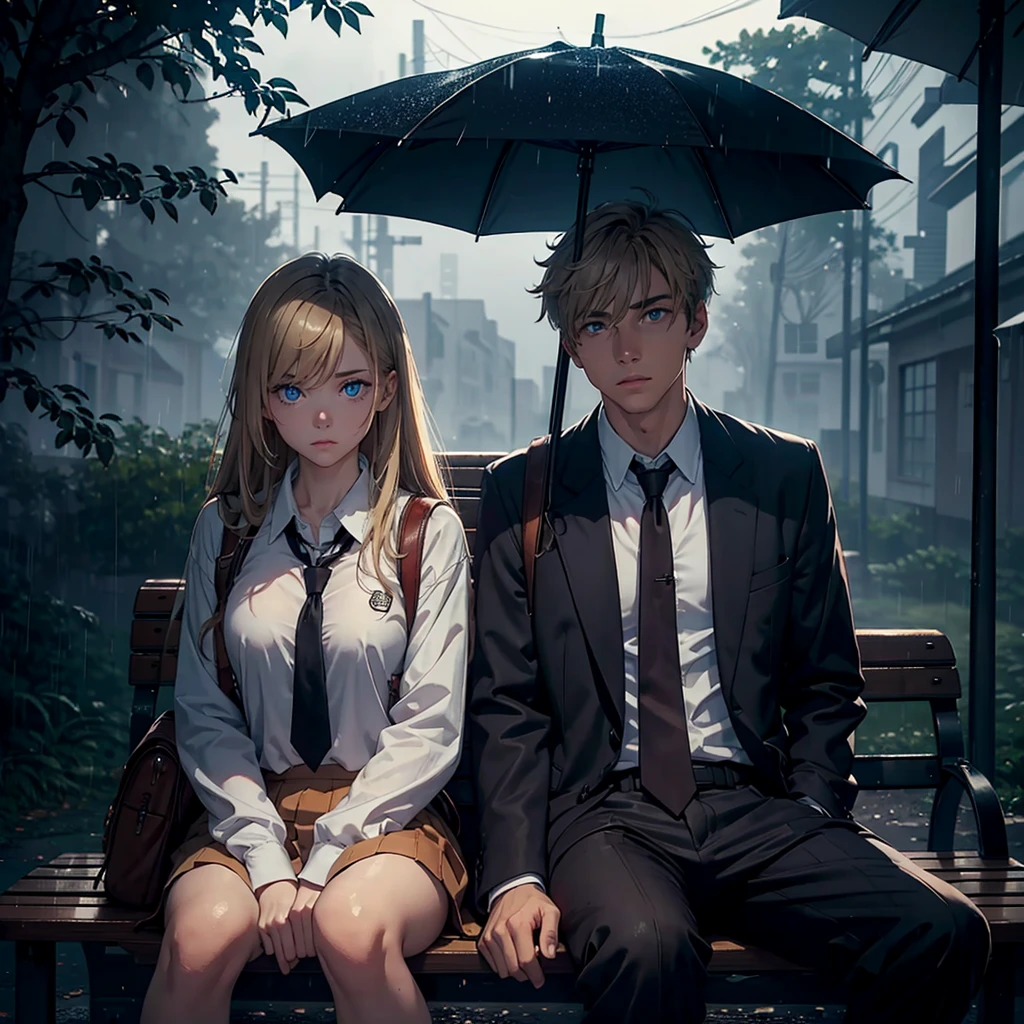 A man, with blond hair, a woman, with brown hair, wearing school uniforms, with backpacks on their shoulders, sitting on a bench, dark, dark atmosphere, foggy, rainy, mysterious, schoolyard in the background