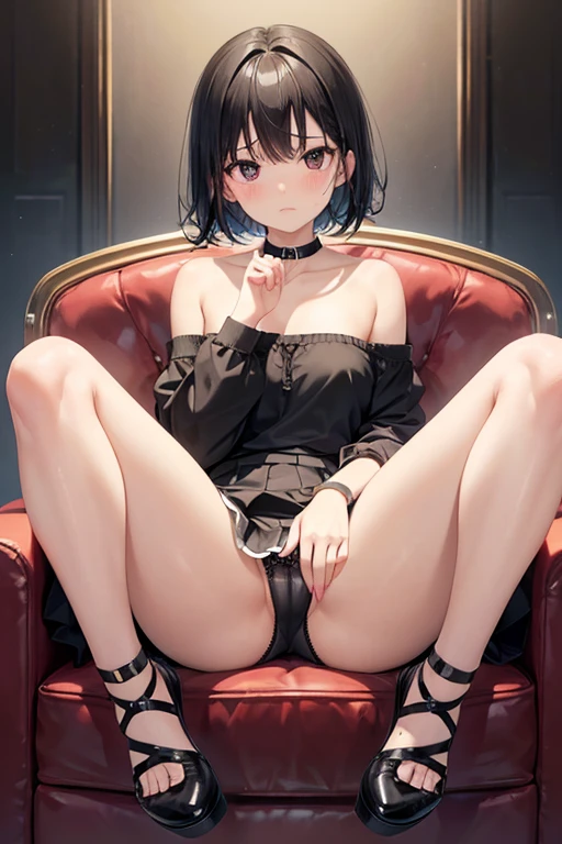 Highest quality、Characterful legs、Exact number of fingers、Accurate Arm、Perfect body、((She is holding her panties with both hands and showing them）, Holding panties with your hands, Spread panties))、Holding panties in front of face、Short black hair、Sitting in a chair、Crossing your legs、Embarrassed face、Bare legs、Black Mini Skirt、Off the shoulder、