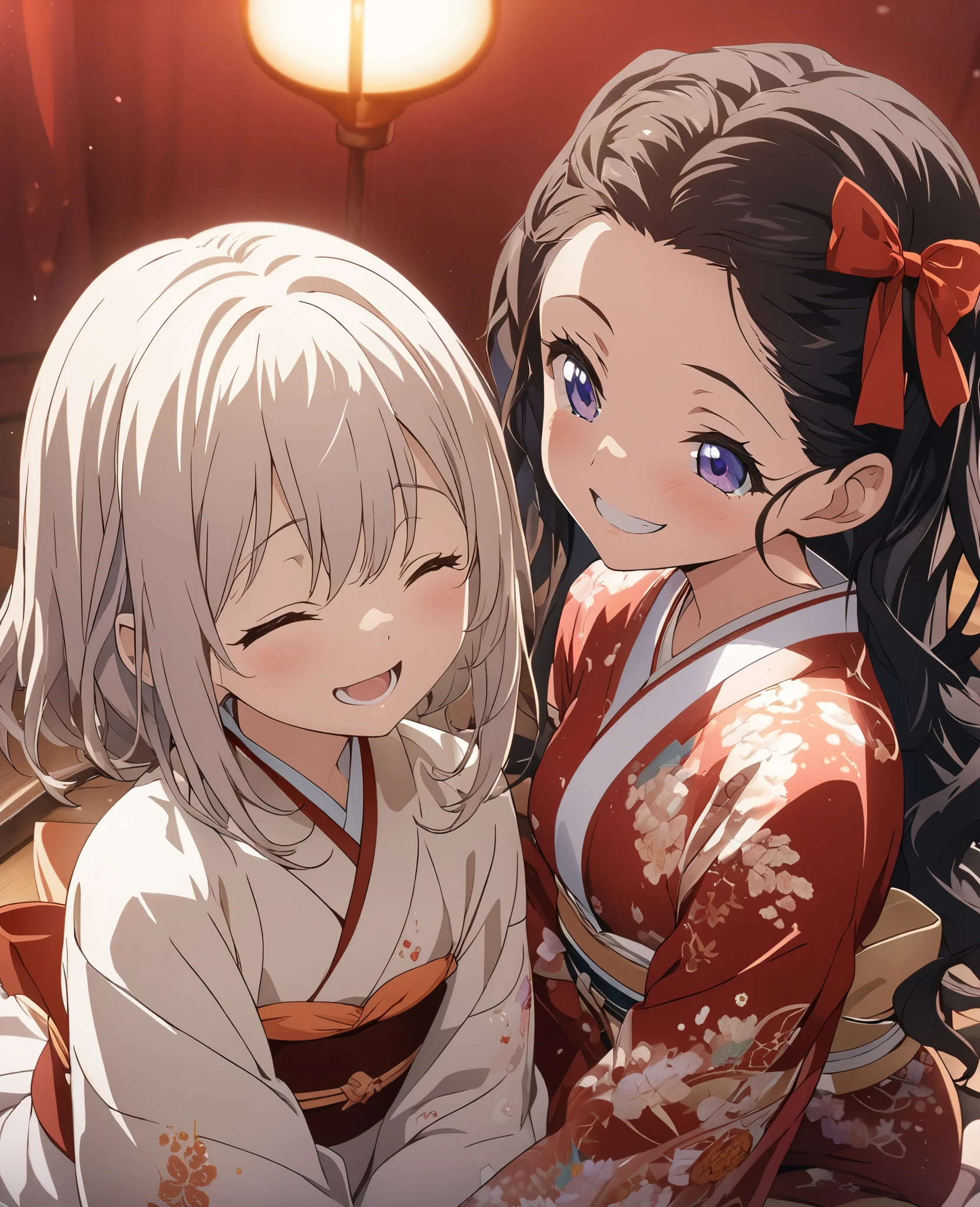 2 Girls, masterpiece, Highest quality, Highly detailed CG Unity 8K wallpapers, High School Girl Anime Illustration. Wearing a red and white kimono, Sit up straight, lean your upper body forward, and bow, They both bow in gratitude., seiza, Red background, Close your eyes and open your mouth, A big smile, Looking at this,
