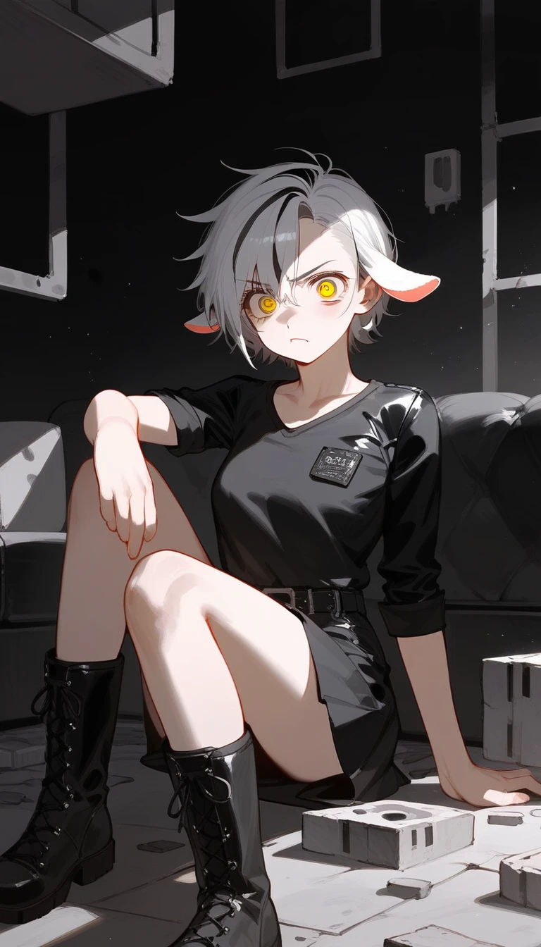 Black and white bicolor hair, alone,Asymmetrical hair, short hair, Crazy-eyed woman, Crazy Eyes。Yellow Eyes, Serious expression。Goat ears,Concrete Room, Cowboy Shot。pinup。haze。Black leather shirt。Sitting on a black sofa。 Cinema Lighting ,Black leather long skirt。Black boots。Ultra-high resolution, masterpiece,, Highest quality, 8k