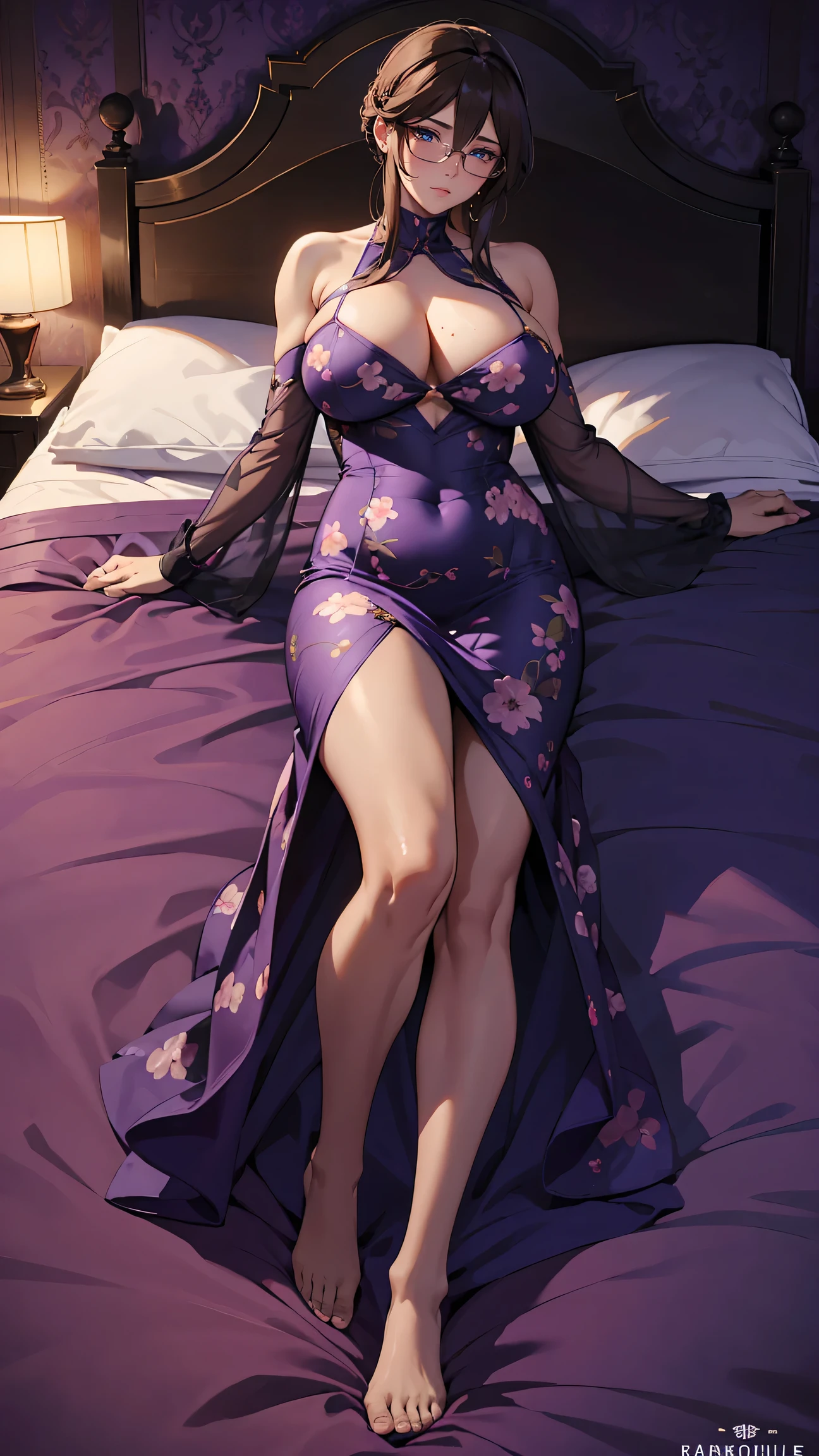 Best quality,masterpiece,brown hair,Purple evening dress,Big breasts,Perfect body,full-body shot,Cool poster,Wearing glasses,36 mature beauties,Single player anime style,seduces a young blackman,(strong and naked black man,short pantuscle body,bodybuilder),(a young mom with big breasts,narrow waist,bare shoulders,(Purple evening dress, transparent black pantyhose, floral print, naked)background:bedroom,lying on the bed