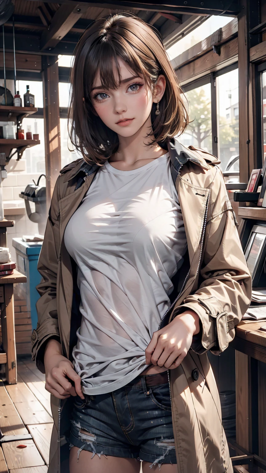 T-Shirts, coat, , (Realistic:1.4), (Highest quality:1.0), (Ultra-high resolution:1.0), 8k, RAW Photos, (masterpiece:0.2), , Did G, One girl, Detailed skin, View your viewers, Brown eyes, (Short hair with bangs:1.2), (Large Breasts:1.0), (Large areola:0.8), , (Pure Eros Face_v1:0.5)