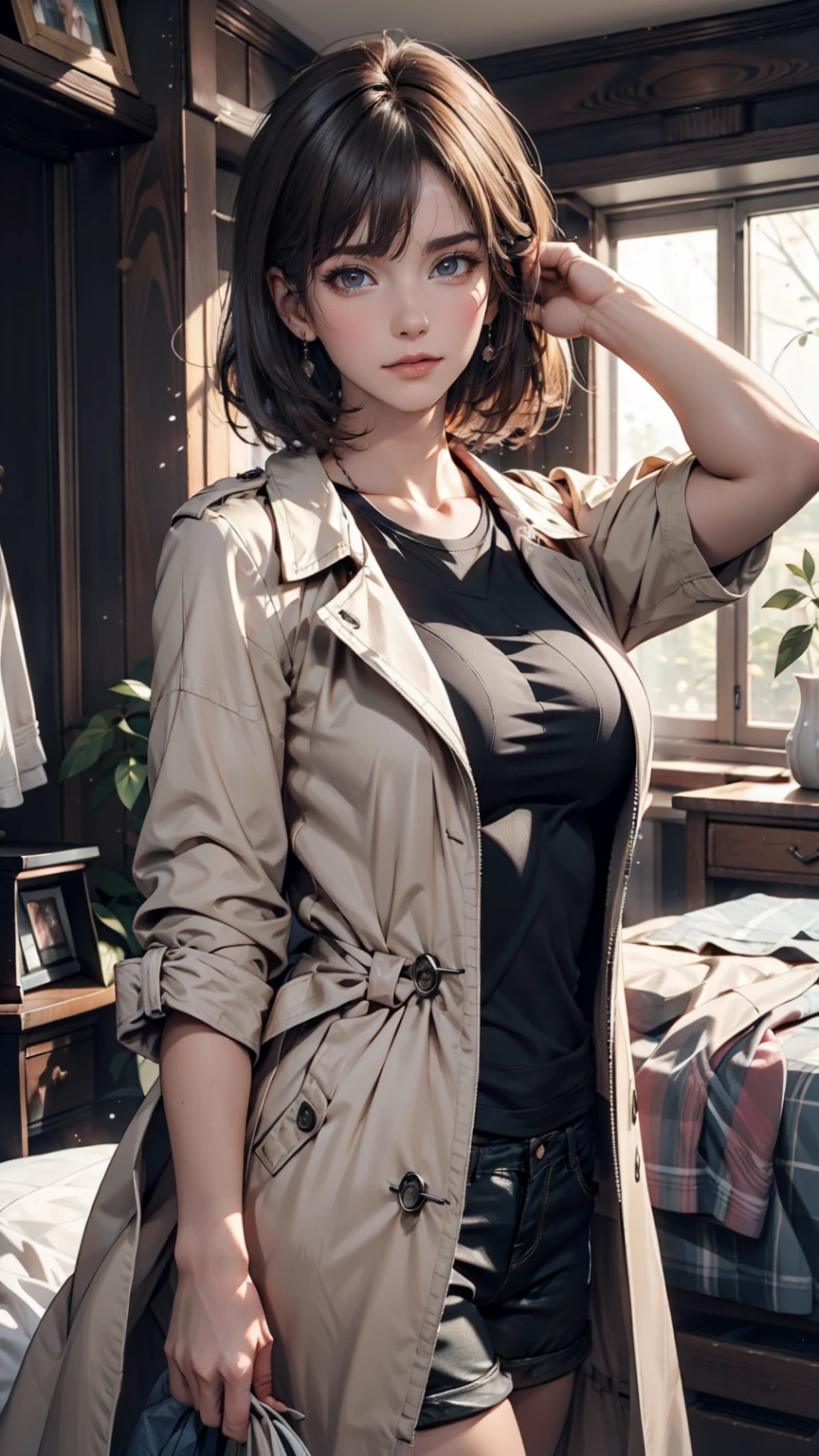T-Shirts, coat, , (Realistic:1.4), (Highest quality:1.0), (Ultra-high resolution:1.0), 8k, RAW Photos, (masterpiece:0.2), , Did G, One girl, Detailed skin, View your viewers, Brown eyes, (Short hair with bangs:1.2), (Large Breasts:1.0), (Large areola:0.8), , (Pure Eros Face_v1:0.5)