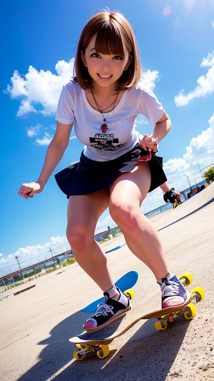 (mono skateboard)One girl riding、T-Shirtini skirt with slit、smile、skateboard park、blue sky、Bob Hair、Brown Hair、Medium breast、masterpiece:1.3、Raw photo、Highest quality、Anatomically correct arms and legs、Anatomically correct fingers、
