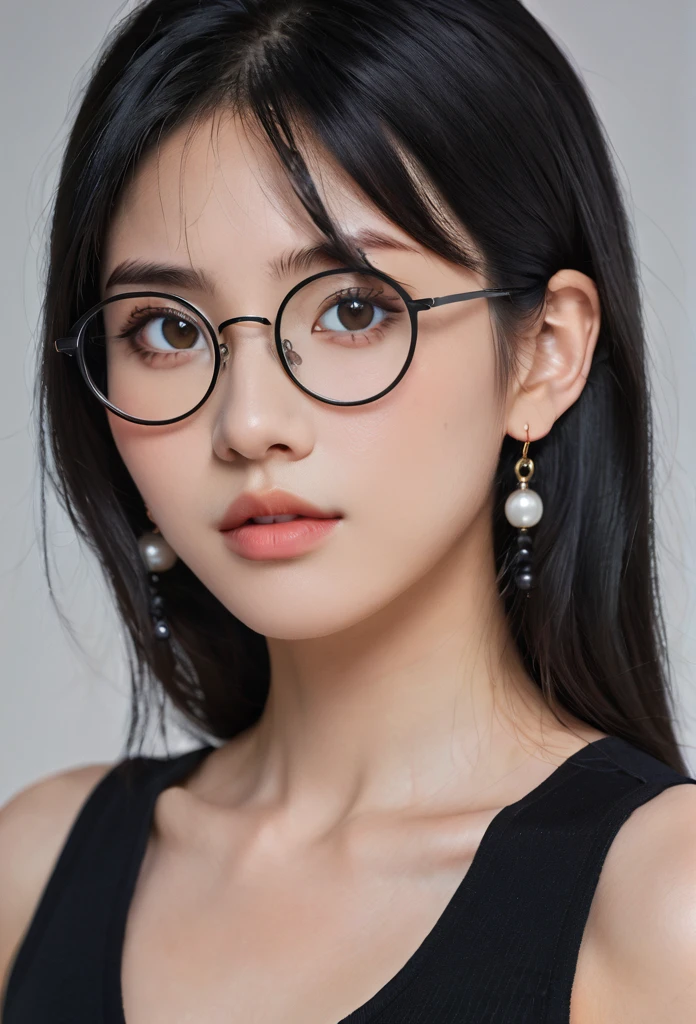 One girl, Black Hair
Black-rimmed glasses accurate, Textured skin, Normal body type, normal lips, black clothes Black pants long hair, Earrings,
No makeup, dark eyebrows, bulbous nose, Japanese face, round face, slightly narrow eyes, dark skin