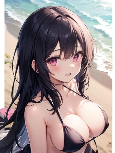 (flying debris, Highest quality, High resolution, Ticker, Pixel Perfect, Depth of the written border, In 4K), 
1 girl, alone, , Beautiful Anime Girls, 
View your audience, 
Perfect body,  

Long Hair, Black Hair, (Pink Eyes, Big Breasts:1.2), 

smile,  Open your mouth, 

naked, 

Beach, summer, 

throw, From above, Upper Body, concentrate , Close-up shot, 
Upward glance, 