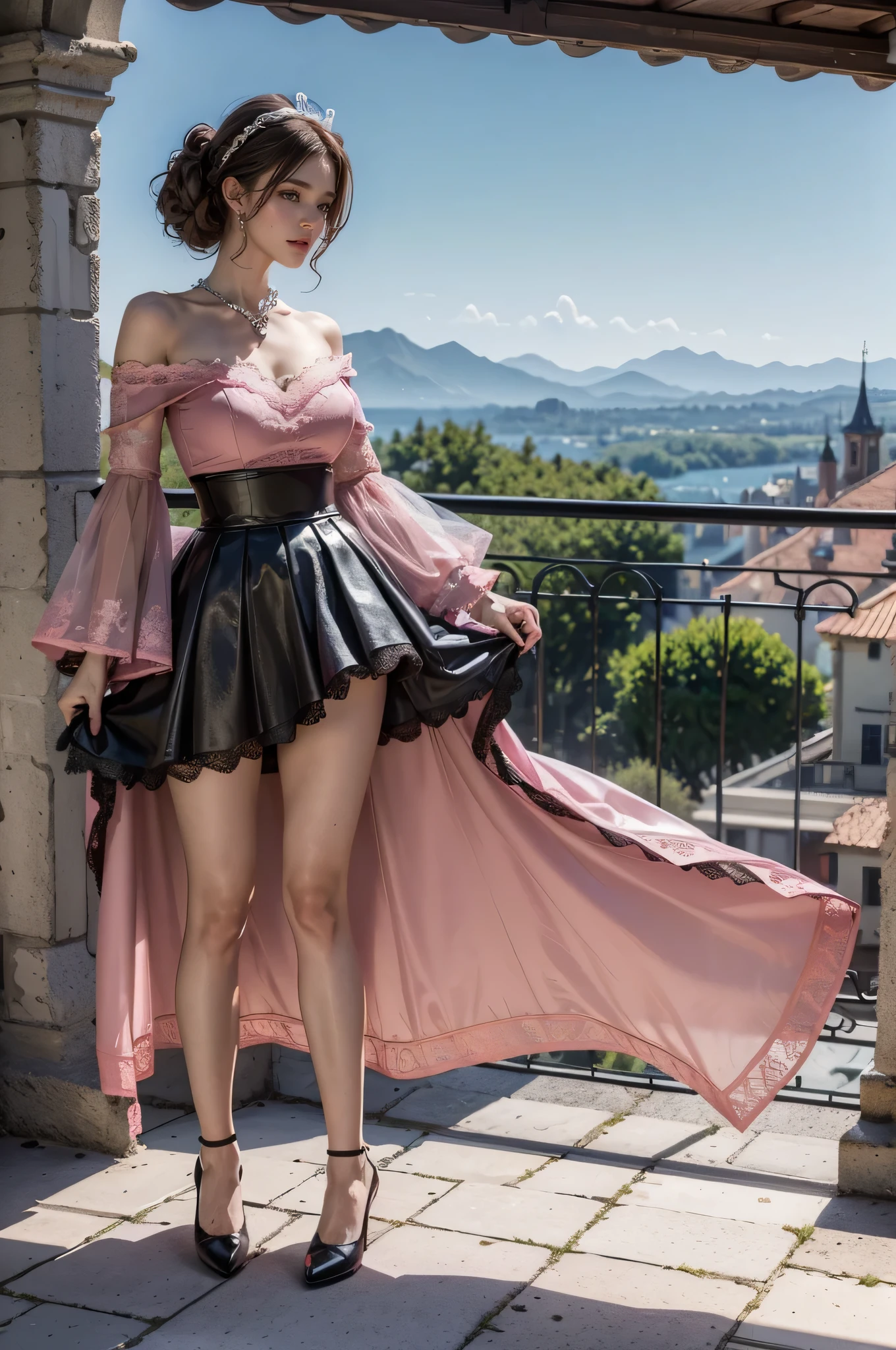 (Woman standing on the balcony of an old castle),(masterpiece, highest quality, realistically, work, Super detailed, 8K), ((wide angle lens, full body female love)), 1 girl,light makeup,exquisite features,smile,exquisite crystal jewelry,heart shaped necklace,Crystal Headband,light brown hair, pompadour hairstyle, curl,Correct finger structure,Black lace flare mini skirt, Pink lace off-shoulder ta fashion outfit,leather shoes,long legs,frontal standing posture ,full body portrait,European castles are hazy