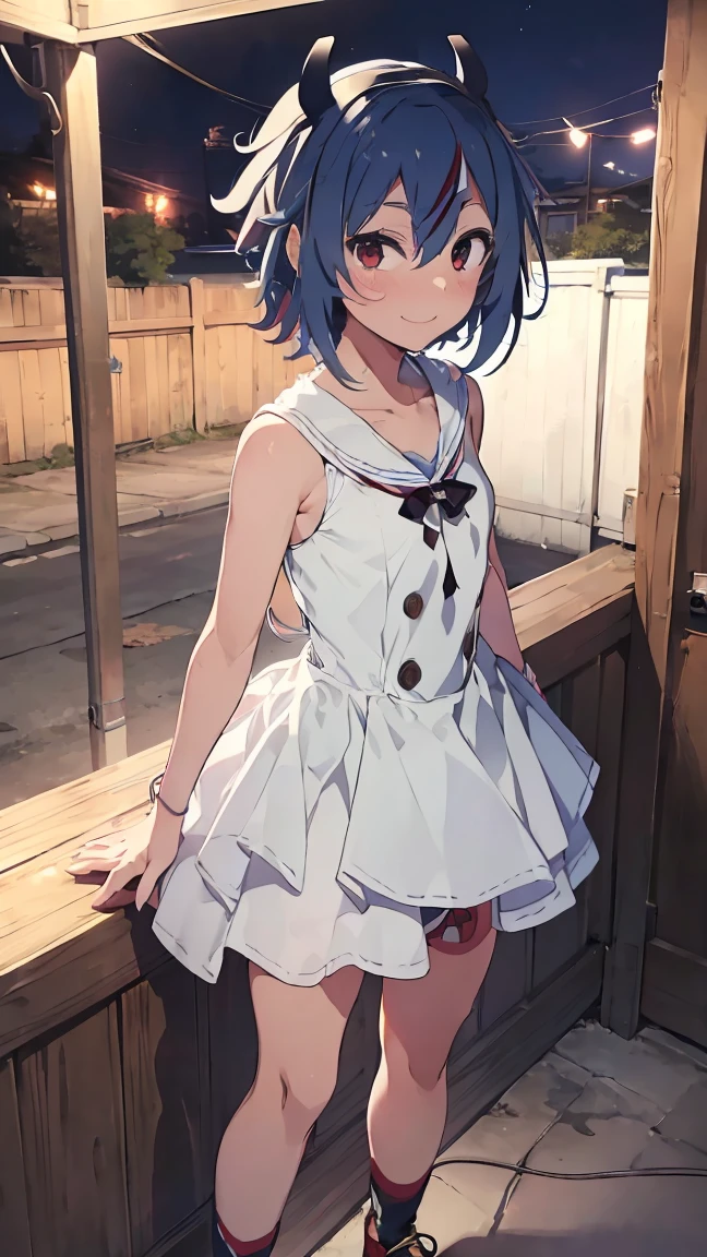 masterpiece, Highest quality, High resolution, Very detailed,(((Mikoto Naruka))), (((white ground)))、(((electric wire)))、(((smile)))、(((Standing in the distance))), Wearing a white dress。, Electric pole, night, Panty shot。