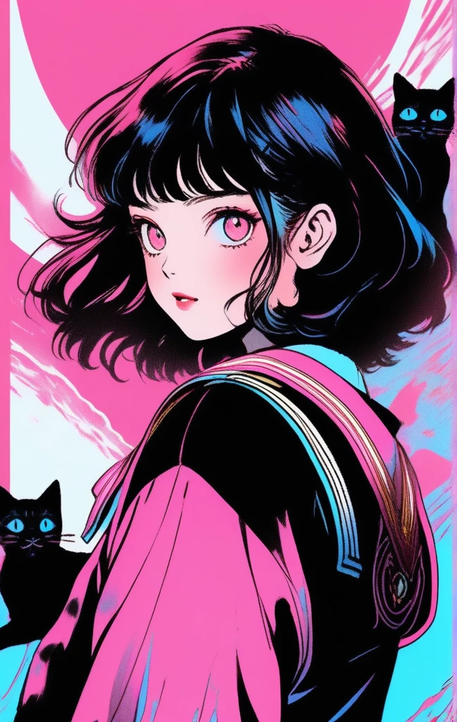 (Highest quality, sketch:1.2),Realistic,An illustrationレーター,anime,1 girl, Detailed lips, Black and gold gradient background,Neon Hair,Texture Clipping, masterpiece, style: Retro Classic, Black style 、An illustration、art、70s horror movie posters, Supervised by Junji Ito、Attention to detail, Realistic Shadows、Analog style, chromatic aberration, Surrealism、Complementary Gradient、1 girl, 18-year-old, (Flat Chest: 1.5), Highest quality,High resolution,1People Girl,whole body,Are you okay,smile,Looking into the camera,short hair,Crimson Hair,blue eyes,Sailor suit,beautiful girl,Cat ears on the head,Cat's tail on waist,smile,Be happy,landscape,walk,