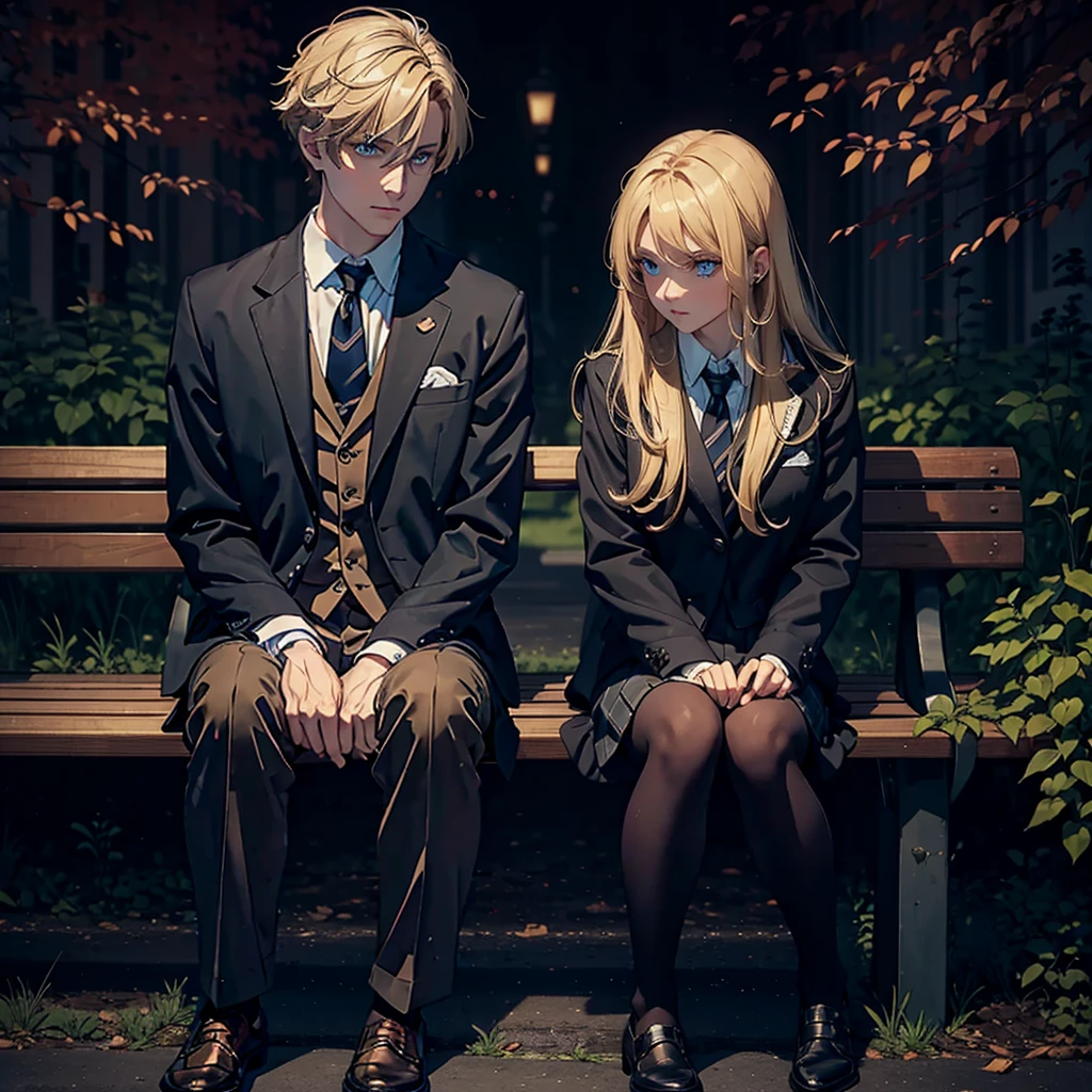 A man, with blond hair, and a woman with brown hair, wearing school uniforms, sitting on a bench, dark, dark atmosphere, foggy, mysterious, schoolyard in the background