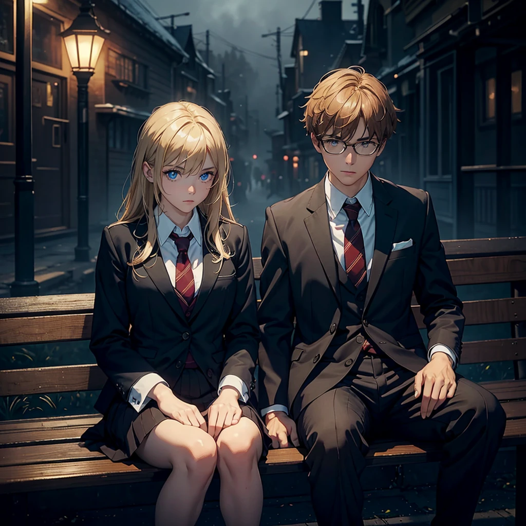 A man, with blond hair, and a woman with brown hair, wearing school uniforms, sitting on a bench, dark, dark atmosphere, foggy, mysterious, schoolyard in the background