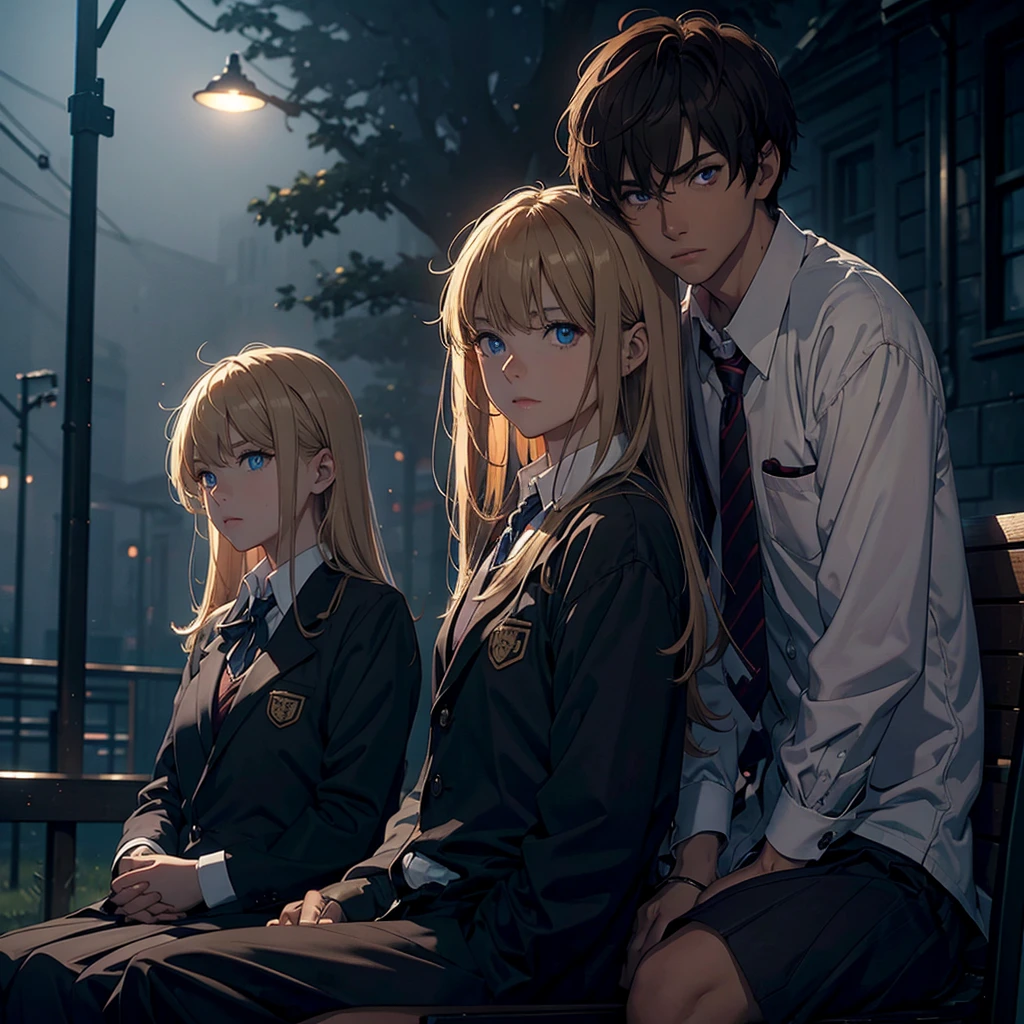 A man, with blond hair, and a woman with brown hair, wearing school uniforms, sitting on a bench, dark, dark atmosphere, foggy, mysterious, schoolyard in the background