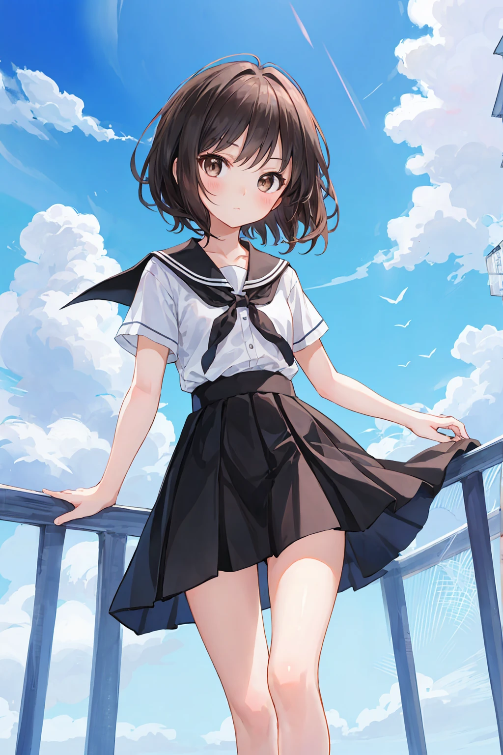 (child),Highest quality,Beautiful face in every detail,cute,Dark brown eyes,(背の低いcute女の子,Little young student,Young and delicate girl),(masterpiece,Highest quality),Black Hair,Embarrassing,blush,Short sleeve white shirt,Checkered Skirt,cute,Adorable,Coquettish,Anatomically correct,beautifully shaped feet,Shortcuts,Look straight ahead,Summer sky,Small breasts,Flat chest