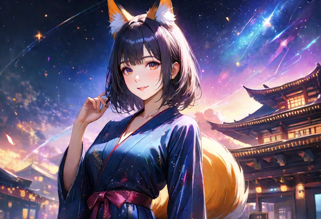 Starry Sky,Cute Yukata,Gazing at the sky,Fox ears and tail,high school girl,smile,Glitter effect,Highest quality, 8k, High resolution, masterpiece:1.2, Very detailed, Realistic:1.37, High resolution, 超High resolution, Ultra-fine painting, Very detailed, Professional, Vibrant colors