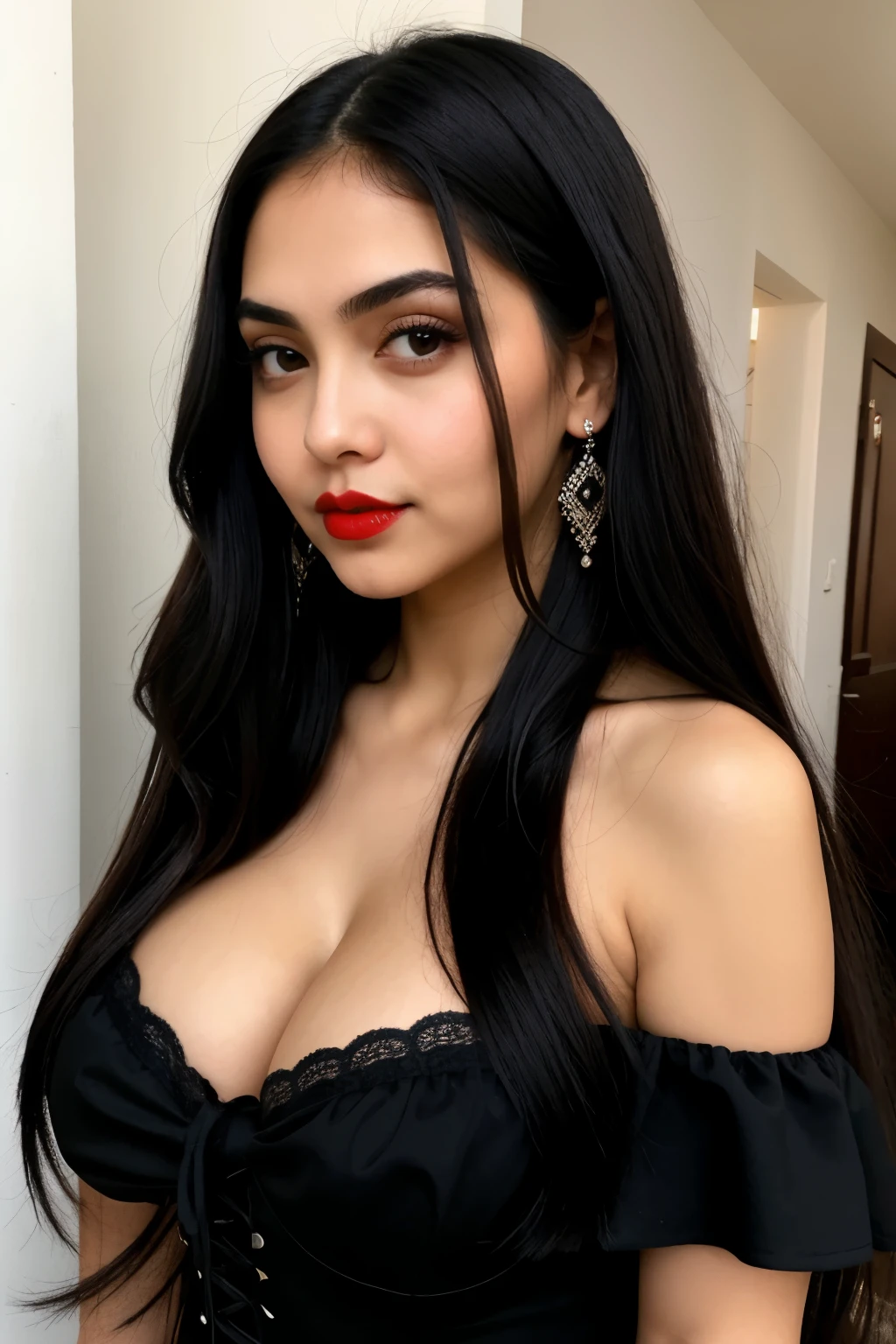 
Has a person of female gender of height of 1.55cm Very light skin Beautiful face Almond-shaped eyes Black hair And red lips With big-ass Gothic style Medium nose Thin lips With dark circles And more cheeks With Mexican and Spanish features Big body Big legs Light brown eyes Large bust Long hair and waist median 