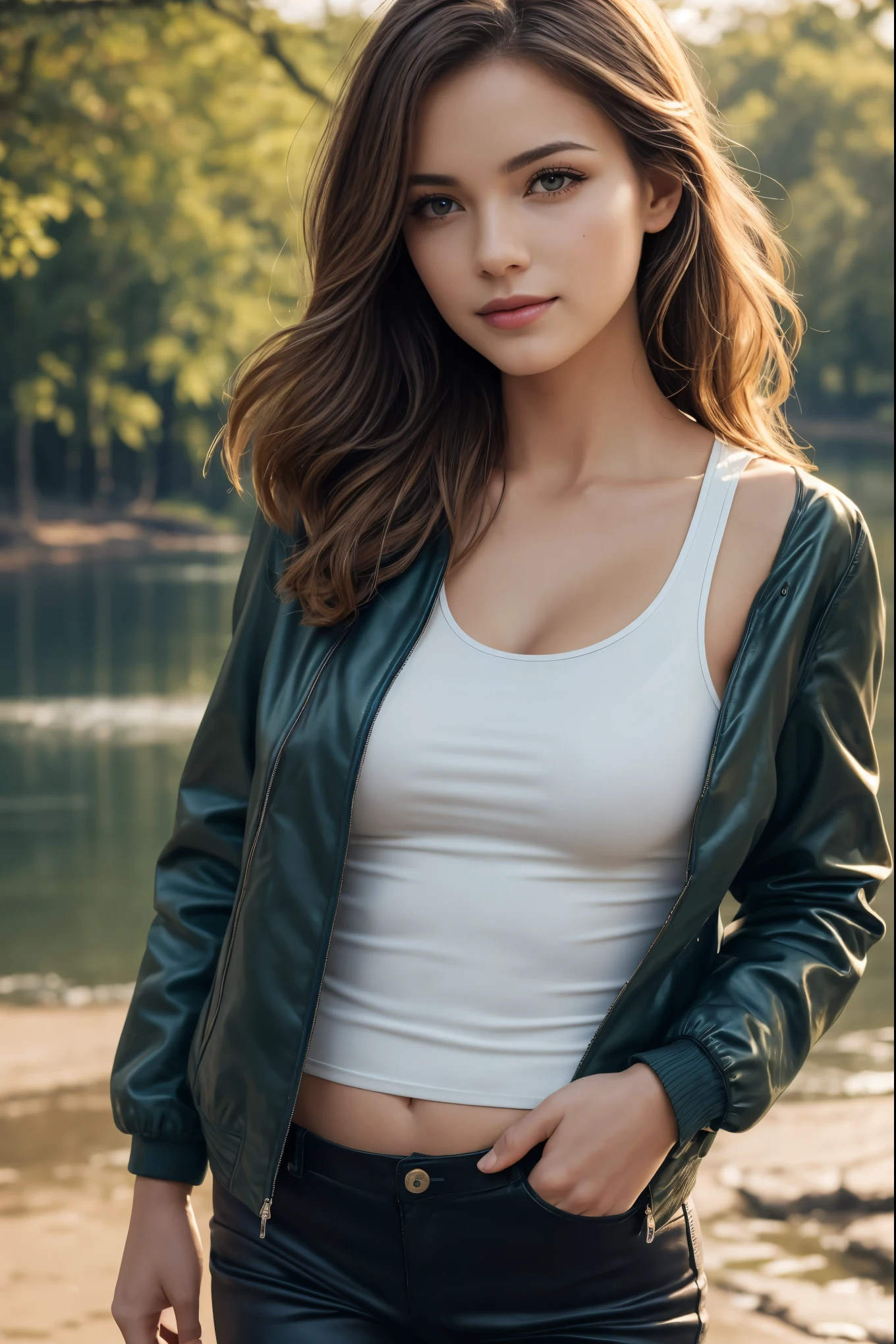 score_9, score_8_up, score_7_up, score_6_up, An amazing portrait of a beautiful Belle (brown hair:1.1), (tight pants, tight tank top, cropped jacket:1.2), collar, cleavage, looking cute, fashionable, cinematic lighting,, (best quality, 4k, 8k, highres, masterpiece:1.2), ultra-detailed, realistic, (photorealistic:1.37), beautiful detailed eyes, beautiful detailed lips, extremely detailed face, long eyelashes, intimate view, classic oil painting, soft lighting, vibrant colors, warm tones, atmosphere, young and beautiful, timid expression, random hairstyle, detailed hair, flawless skin texture, perky, gentle breeze, sexy and feminine pose, light smile, walking in a park next to a river, Denmark, winter time, afternoon.