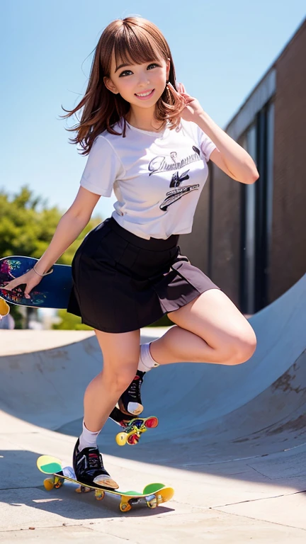 (mono skateboard:1.3)One girl riding、T-Shirtini skirt with slit、smile、skateboard park、blue sky、Bob Hair、Brown Hair、Medium breast、masterpiece:1.3、Raw photo、Highest quality、Anatomically correct arms and legs、Anatomically correct fingers、