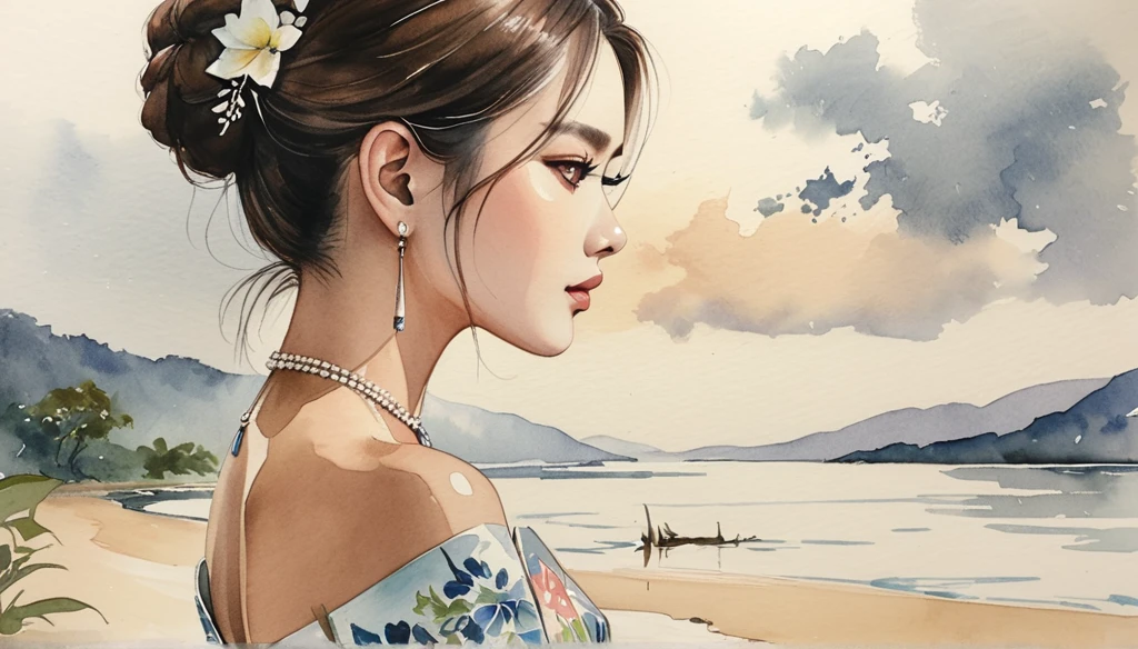 A close-up of a person standing alone at a scenic overlook, staring into the distance, with a melancholic expression. The sky is overcast, reflecting the mood of the lyrics. ((imperfect water color background)), sketching, realistic drawing, imperfect water color painting, fashion look book, fashion illustrator, sketch design,  the image boasts high-quality, Lanna, North Thai traditional costume.