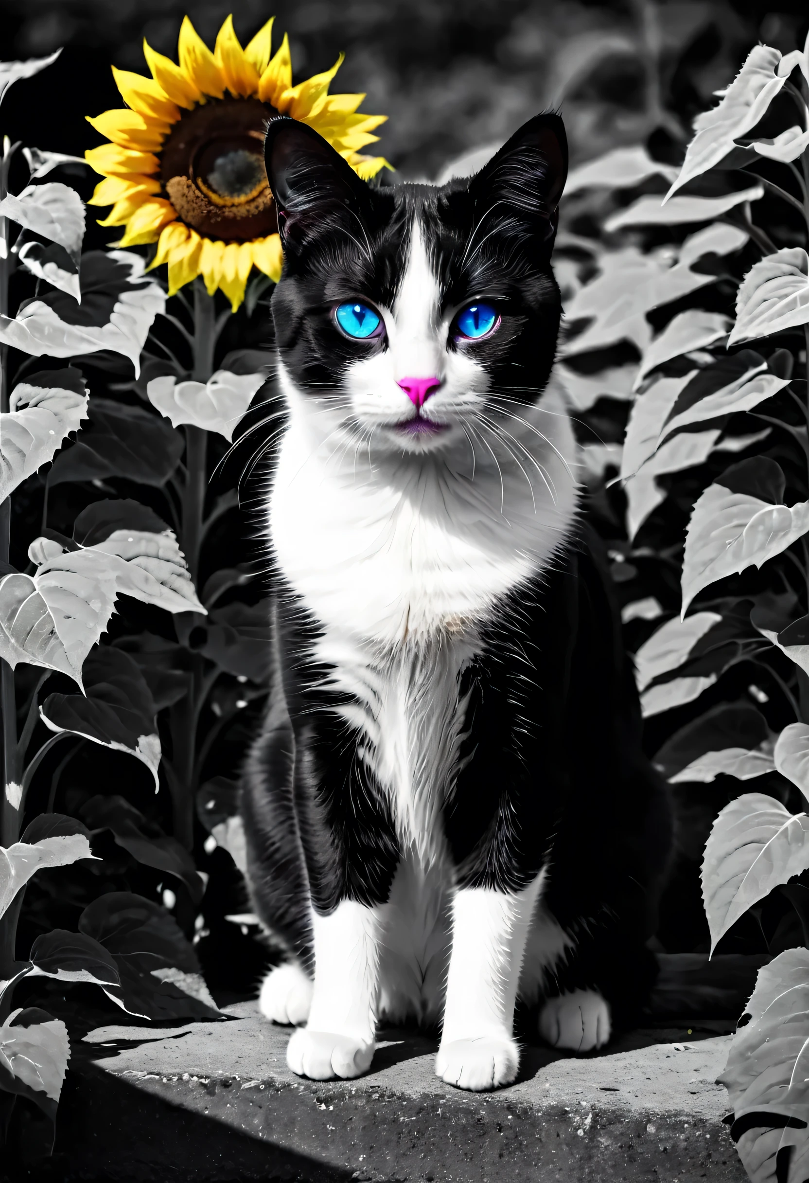 a black and white cat,1 cat,field of colorful sunflowers,sunflowers,blue eyes,pink nose,high contrast,color pop,vibrant colors,dramatic lighting,cinematic,chiaroscuro,photorealistic,8k,hyper detailed,masterpiece,professional