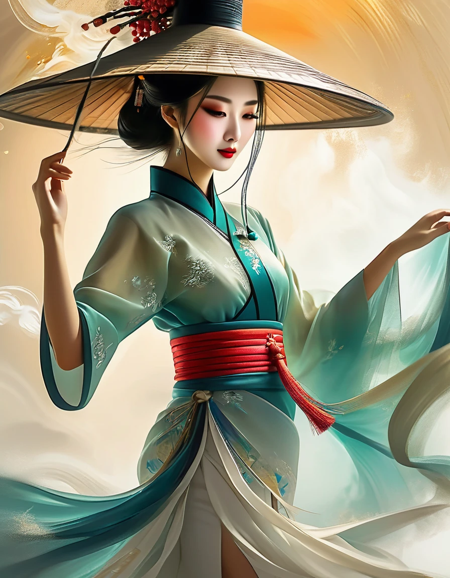 (Half body), (Beautiful and ethereal Chinese dancers dance gracefully), (Wear stylish and modern workplace attire: 0.8), Fair and flawless skin, high nose bridge, (Face covered by big hat: 1.37), bitter, (Limbs are extremely slender and beautiful: 1.1), Exquisite facial features, (empty-handed),
rotating fog, Noble temperament, black and white illustration, Chinese ink painting, long brown hair, meatball, messy, Proud, Surrealism, contemporary art photography, illustration action painting, abstract expressionism, Pixar, depth of field, motion blur, backlight, Falling shadows, Gradient glow, Scale layers, Start at the bottom, Sony FE General Manager, ultra high definition, masterpiece, Accuracy, textured skin, Super details, high detail, high quality, Award-winning, best quality, Level, 16k,