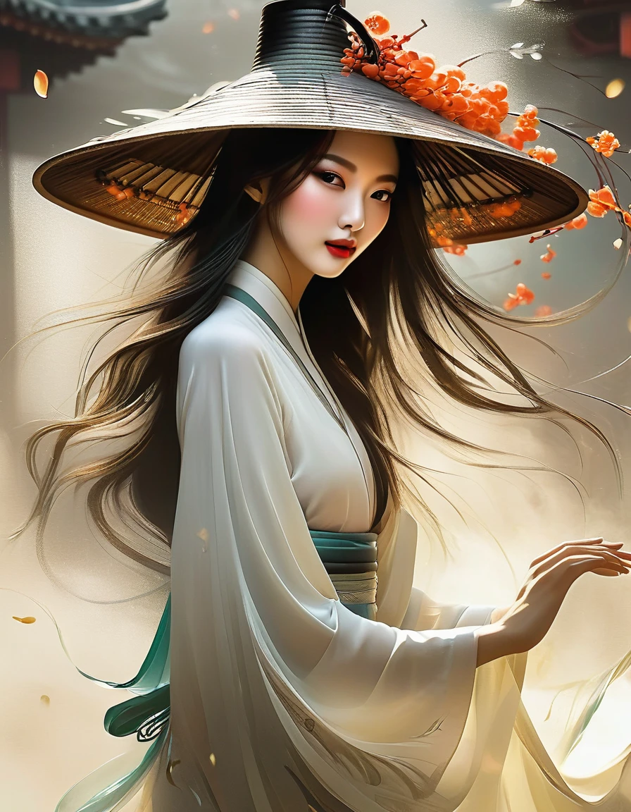 (Half body), (Beautiful and ethereal Chinese dancers dance gracefully), (Wear stylish and modern workplace attire: 0.8), Fair and flawless skin, high nose bridge, (Face covered by big hat: 1.37), bitter, (Limbs are extremely slender and beautiful: 1.1), Exquisite facial features, (empty-handed),
rotating fog, Noble temperament, black and white illustration, Chinese ink painting, long brown hair, meatball, messy, Proud, Surrealism, contemporary art photography, illustration action painting, abstract expressionism, Pixar, depth of field, motion blur, backlight, Falling shadows, Gradient glow, Scale layers, Start at the bottom, Sony FE General Manager, ultra high definition, masterpiece, Accuracy, textured skin, Super details, high detail, high quality, Award-winning, best quality, Level, 16k,