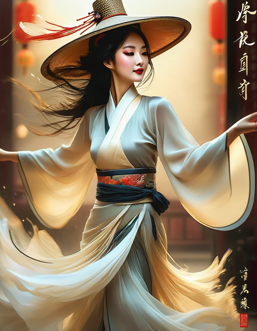 (Half body), (Beautiful and ethereal Chinese dancers dance gracefully), (Wear stylish and modern workplace attire: 0.8), Fair and flawless skin, high nose bridge, (Face covered by big hat: 1.37), bitter, (Limbs are extremely slender and beautiful: 1.1), Exquisite facial features, (empty-handed),
rotating fog, Noble temperament, black and white illustration, Chinese ink painting, long brown hair, meatball, messy, Proud, Surrealism, contemporary art photography, illustration action painting, abstract expressionism, Pixar, depth of field, motion blur, backlight, Falling shadows, Gradient glow, Scale layers, Start at the bottom, Sony FE General Manager, ultra high definition, masterpiece, Accuracy, textured skin, Super details, high detail, high quality, Award-winning, best quality, Level, 16k,