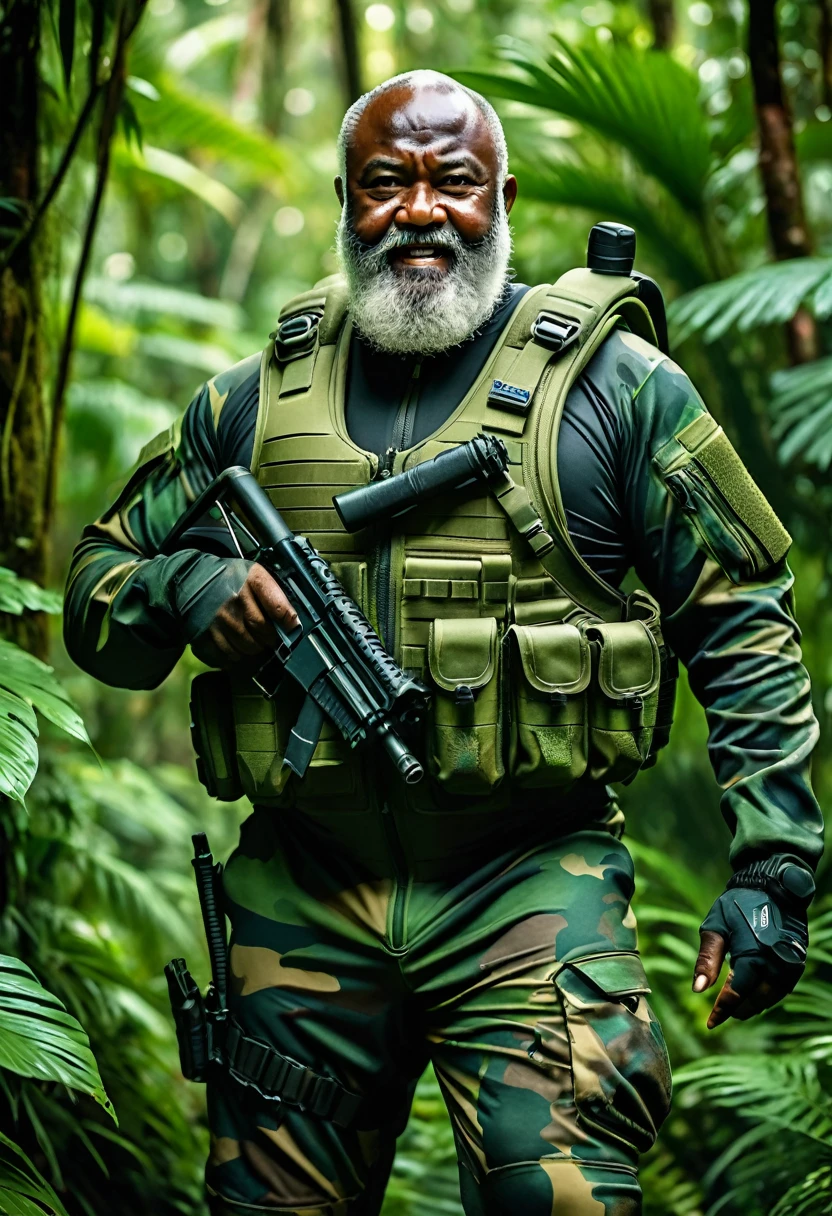 (a dark-skinned bearded fat old man in a bulky army camouflage zipper diver suit), thumbs up, carrying a gun holster, muscular physique, imposing stature, Basuki Abdullah style, sumatraism, action, (a character portrait), heroic, fierce, snarling, vibrant colors, deep shadows, intense lighting, dramatic atmosphere, jungle background with verdant greenery, visual depth, lucid detail, ultra-detailed, ultra-realistic, professional, best quality, angry.