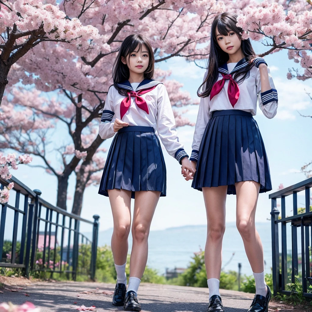 1girl,18yo girl,sailor uniform,((ankle length skirt)),beautiful detailed eyes,beautiful detailed lips,extremely detailed face,longeyelashes,outdoor,cherry blossom tree,sakura petals,natural lighting,vibrant colors,realistic,photorealistic,photo-realistic:1.37,best quality,8k,masterpiece:1.2,ultra-detailed,studio lighting,vivid colors