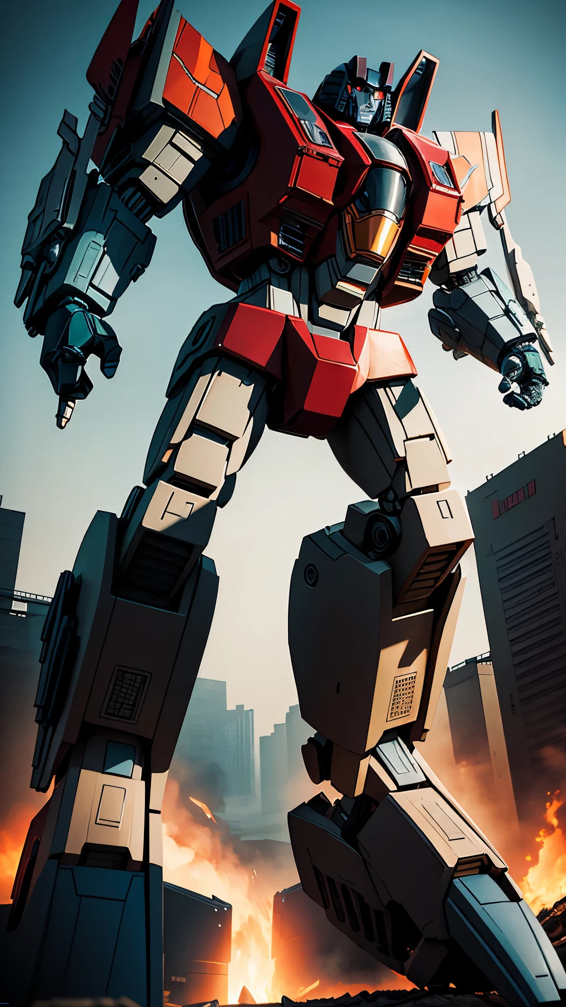 masterpiece,solo, volumetric lighting, best quality, intricate details , autobot, full body, glowing eyes, insignia, machinery, mecha, no humans, robot, solo, clenched hand,in expressway,realistic, looking at viewer,fighting stance,holding weapon,