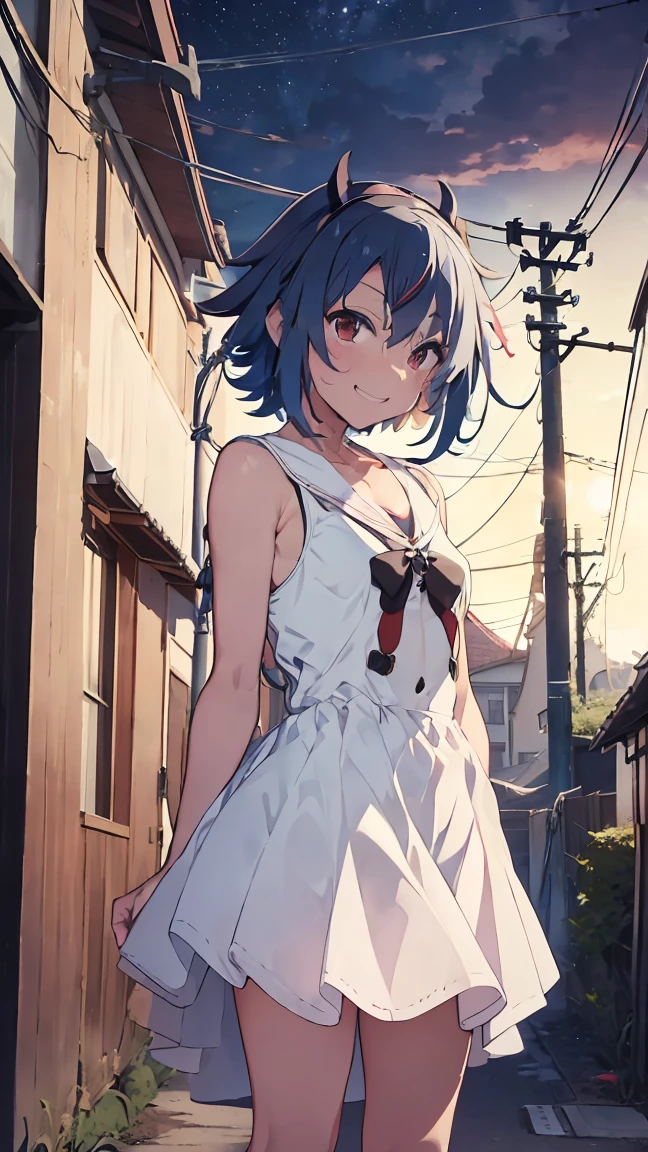 masterpiece, Highest quality, High resolution, Very detailed,(((Mikoto Naruka))), (((white ground)))、(((electric wire)))、(((smile)))、(((Standing in the distance))), Wearing a white dress。, Electric pole, night, Panty shot, Black underwear