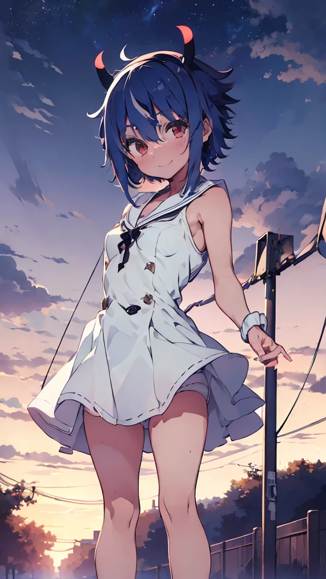 masterpiece, Highest quality, High resolution, Very detailed,(((Mikoto Naruka))), (((white ground)))、(((electric wire)))、(((smile)))、(((Standing in the distance))), Wearing a white dress。, Electric pole, night, Panty shot, Black underwear