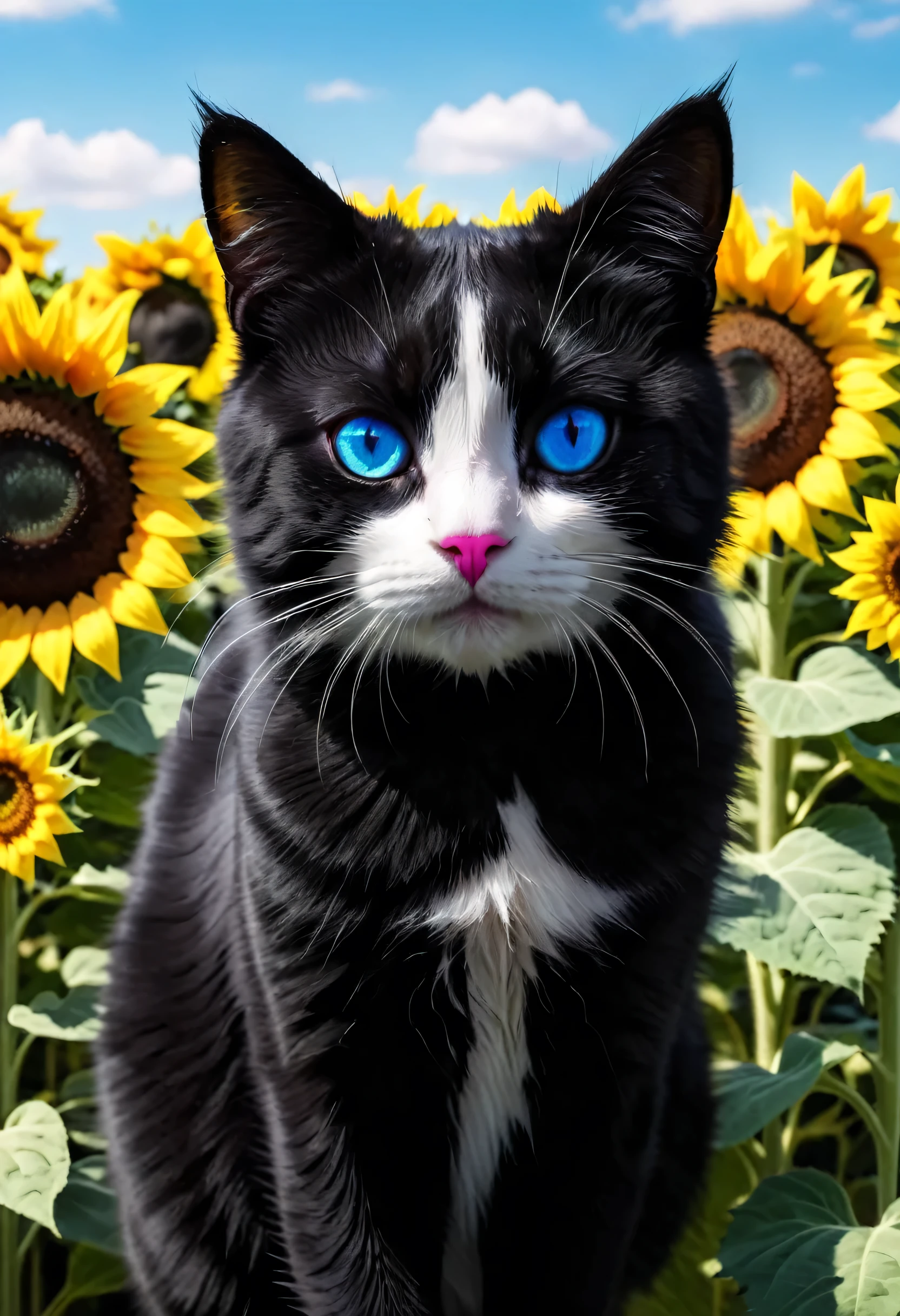 a black and white cat,1 cat,field of colorful sunflowers,sunflowers,blue eyes,pink nose,high contrast,color pop,vibrant colors,dramatic lighting,cinematic,chiaroscuro,photorealistic,8k,hyper detailed,masterpiece,professional