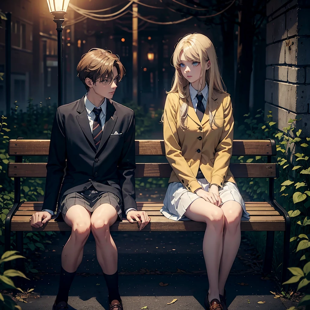 A blond man, and a woman with brown hair, wearing school uniforms, talking, sitting on a bench, dark, dark atmosphere, foggy, mysterious, schoolyard in the background